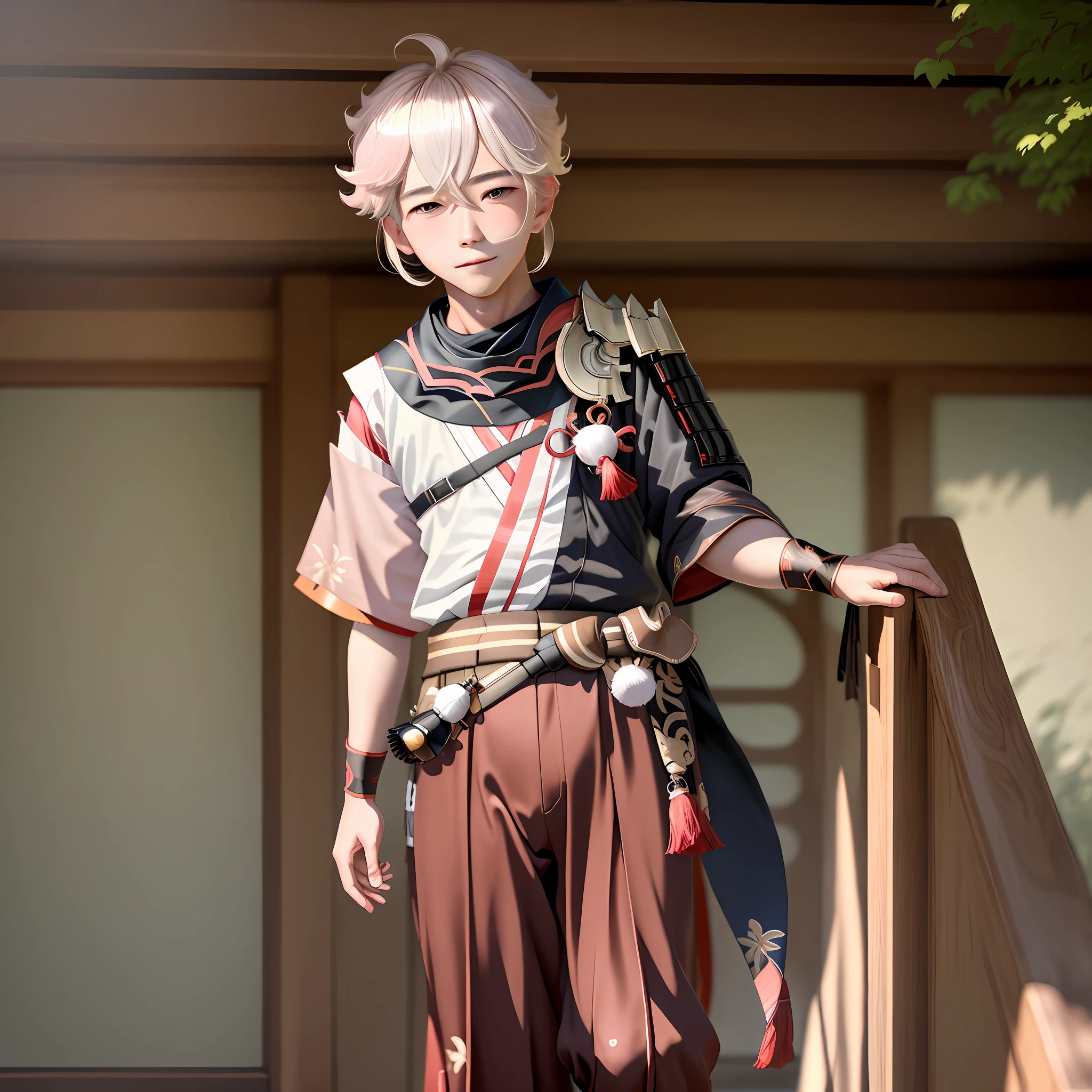 Masterpiece, Best Quality, Handsome Young 1 Boy, Solo, Full-Length, Looking at the Viewer, Loving Look, Blushing, Blush on Cheeks, Japanese Landscape Background, Kazuha (Genshin Impact)