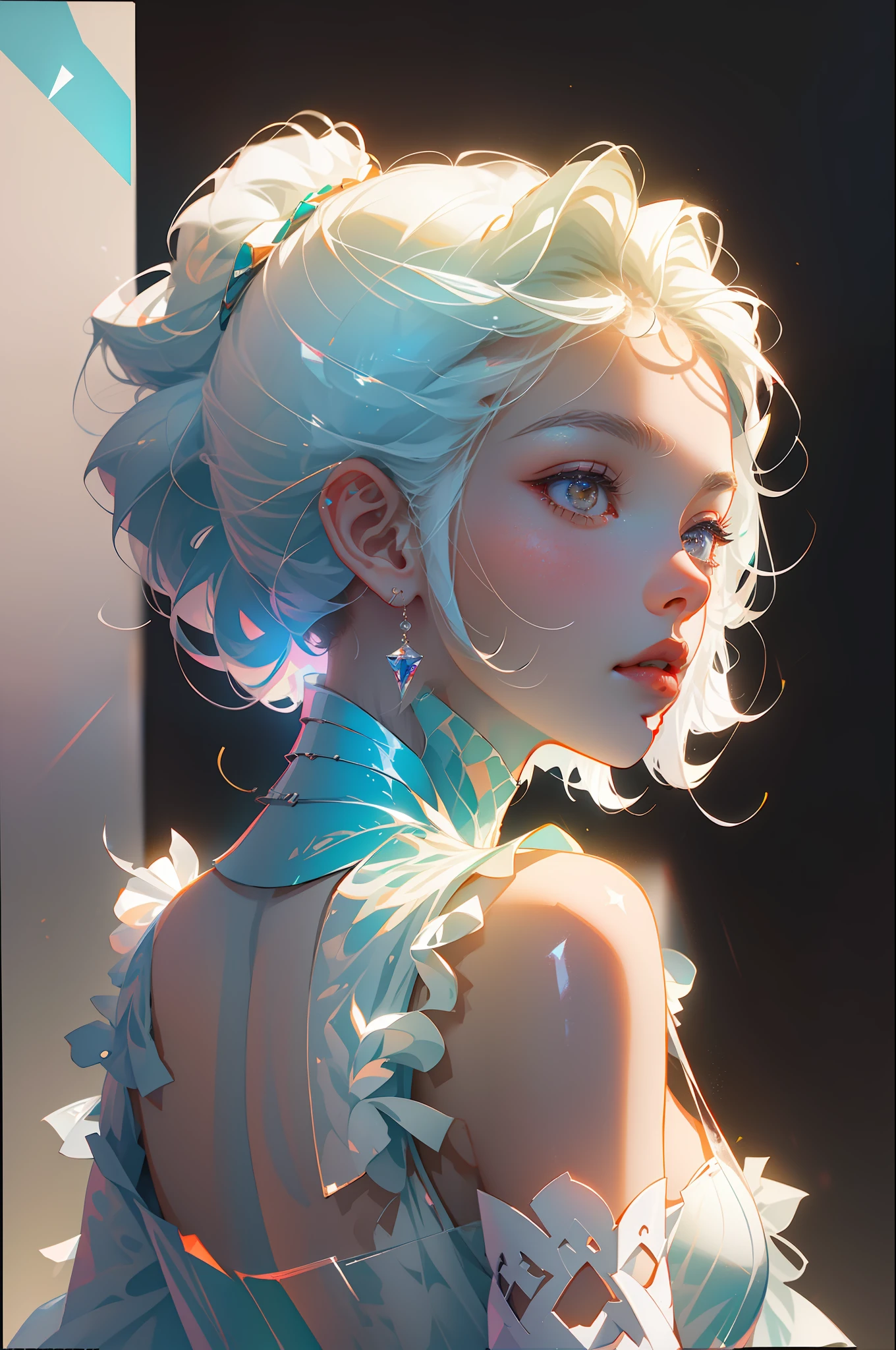 Highest quality,The perfect masterpiece,Perfect artwork,Official Works,8K,
(Upper Body Portrait:1.3),((Seen from the side:1.5)),close-up lens,Delicate face,
17 years old,White-haired girl,(hakuhatsu:1.5),short and medium hair,((White transparent eyes:1.5)),(white dress:1.2),(Transparent clothing:1.2),(Black background:1.3),
pearl illusion,Cyberpunk,fashion trend,3s material,high-definition,detail representation,c4d,3D,octane rendering,ray tracing,complex details,animated lighting,OCrenderer,
