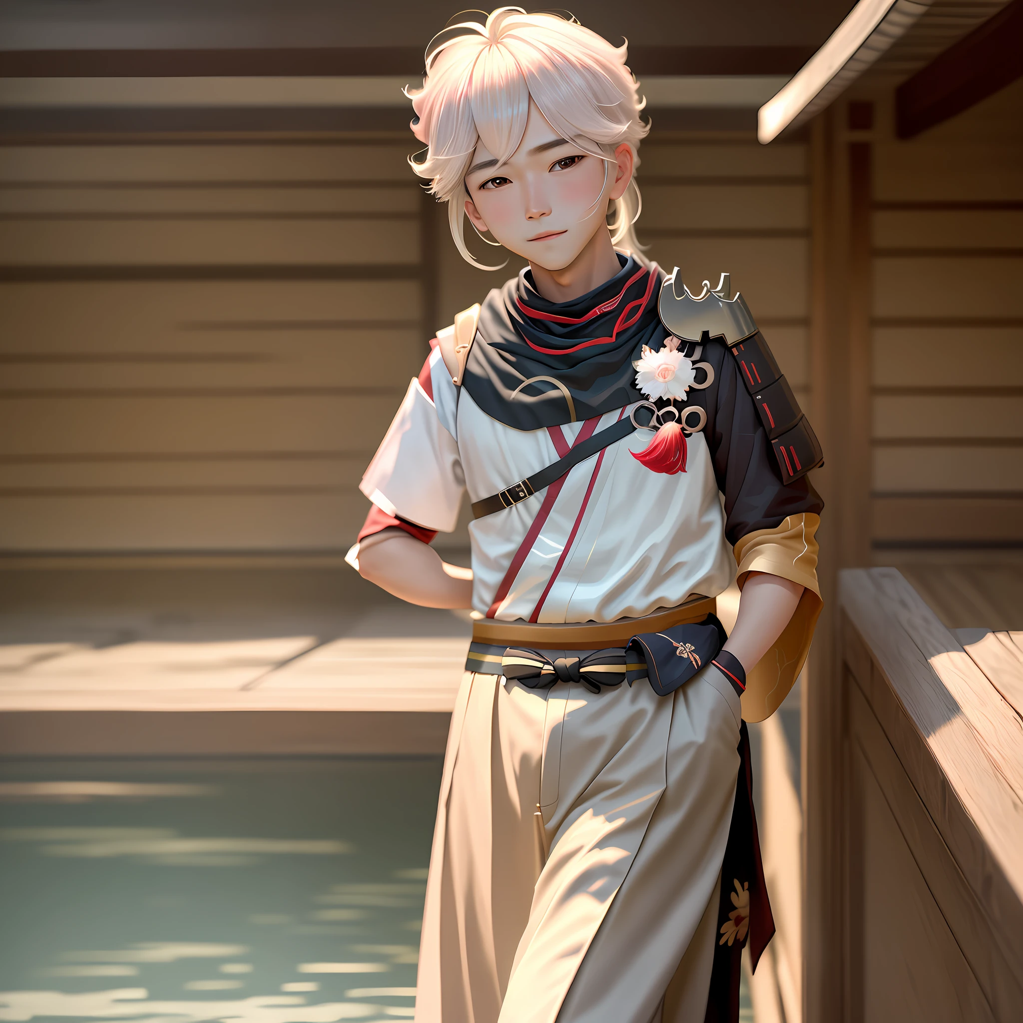 Masterpiece, Best Quality, Handsome Young 1 Boy, Solo, Full-Length, Looking at the Viewer, Loving Look, Blushing, Blush on Cheeks, Japanese Landscape Background, Kazuha (Genshin Impact)