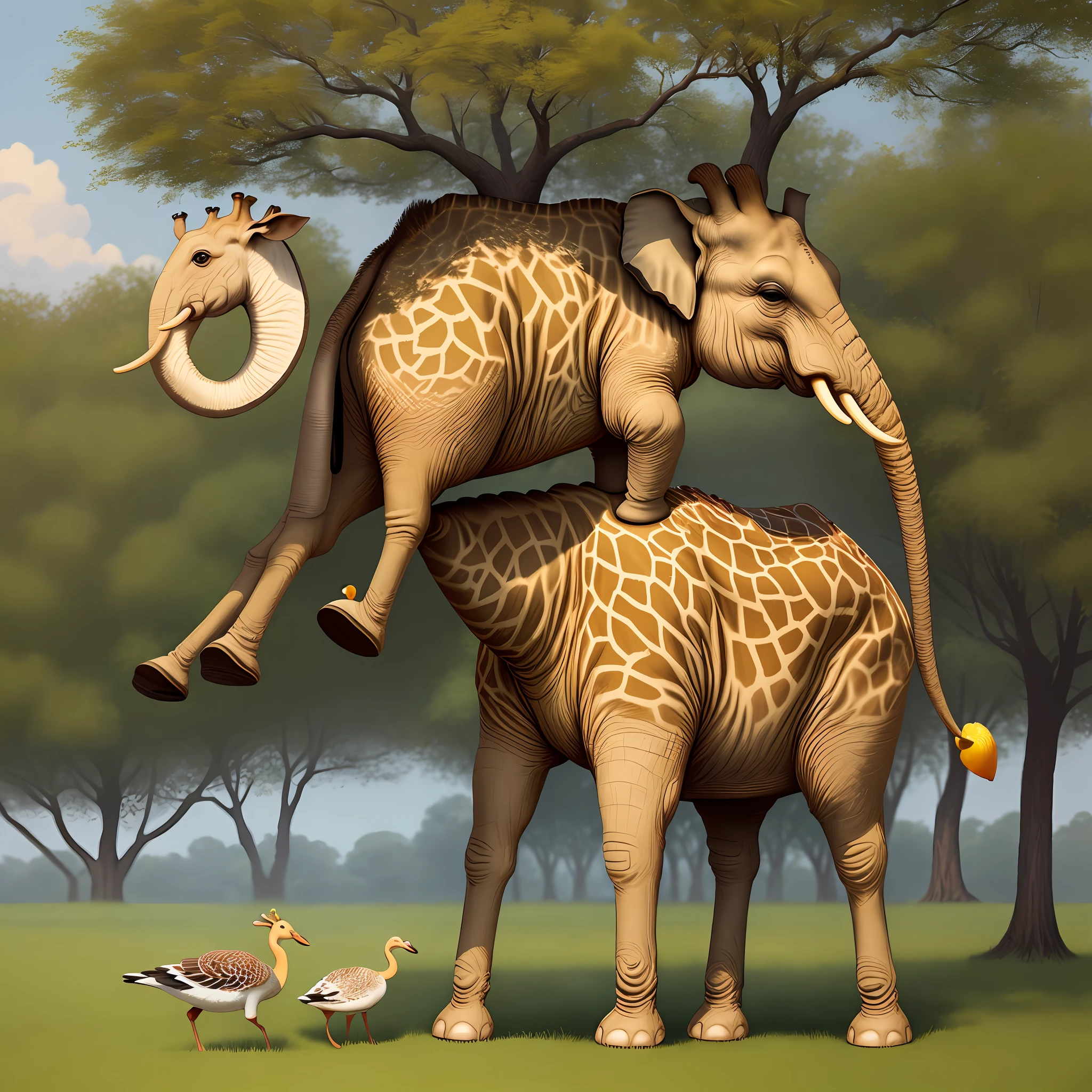 Yellow elephant half giraffe picking fruit on a goose tree