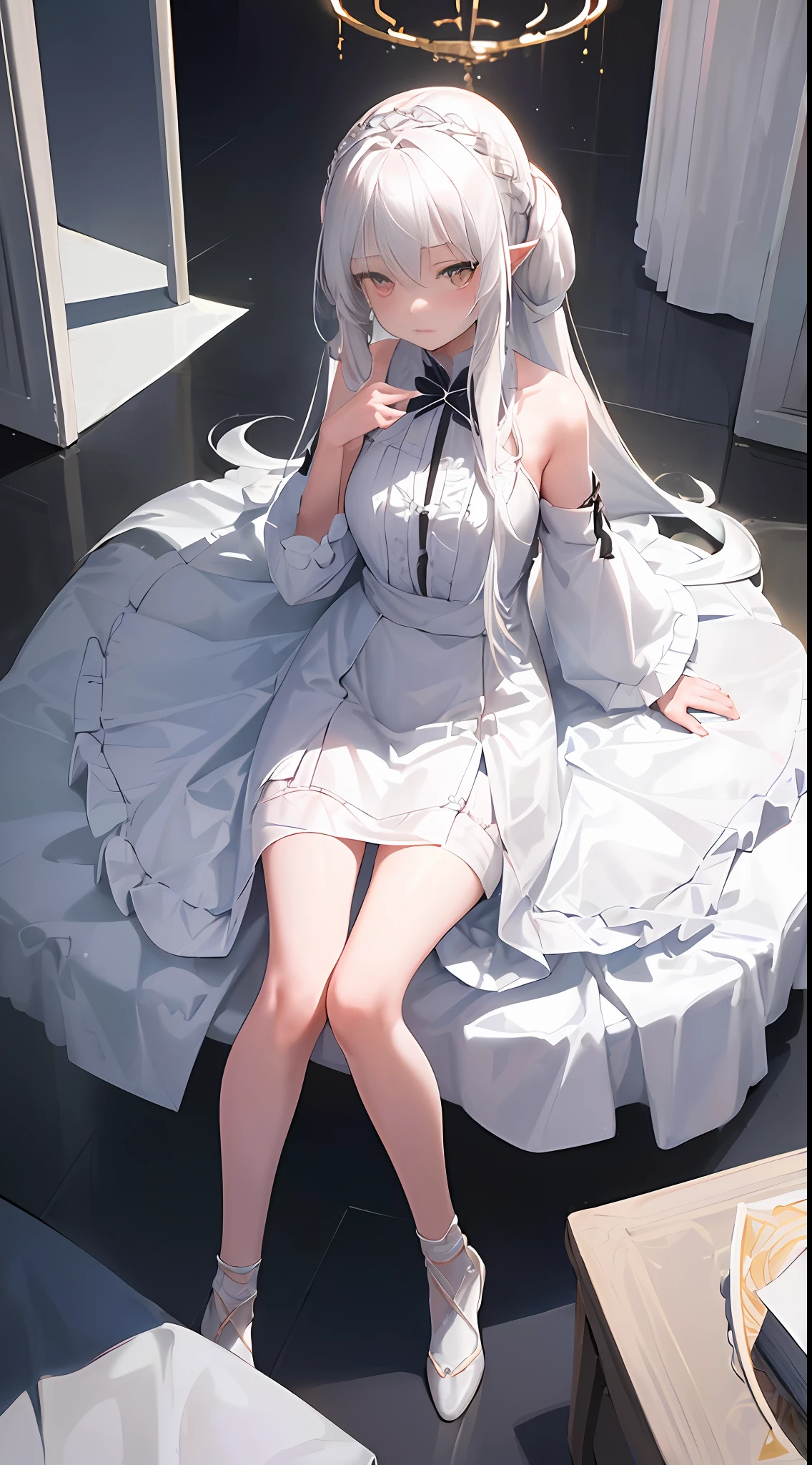 "((1 girl), (long white hair + silver hair: 1.2), (loli + beautiful clothes), beautiful perfect, white dress, pixiv goddess, seduction), (dynamic pose on the table), (cute), (unknown background), high resolution, see the whole body, face the perspective, get close to the perspective."