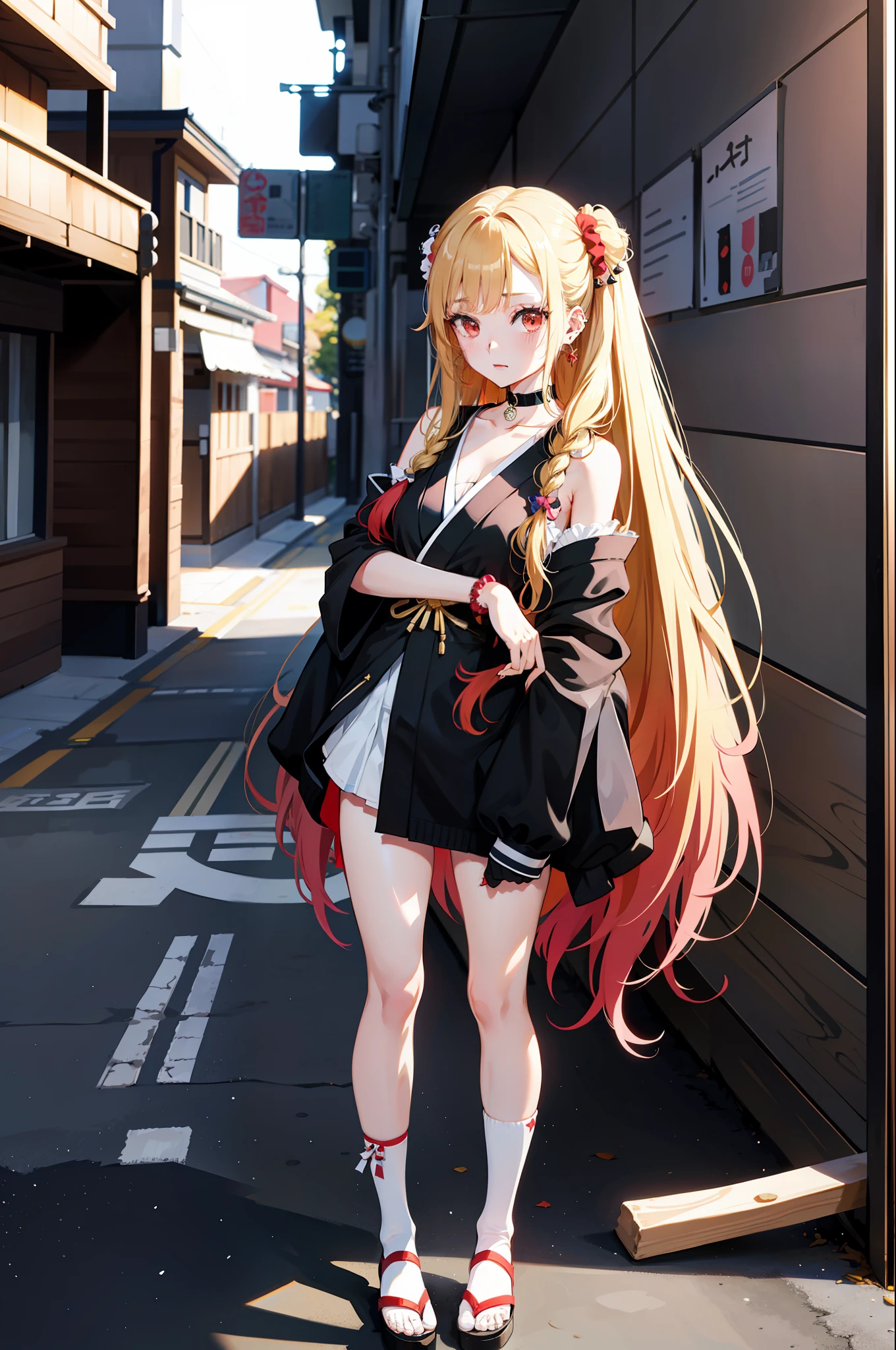 1girl, Marin Kitagawa, long hair, blonde hair, red eyes, piercing, earrings, ear piercing, stud earrings, black choker, bead bracelet, wrist scrunchie, long fingernails, gyaru, (kimono:1.2), shy, white toe socks, clogs,, (masterpiece:1.2), highres, best quality, 8k, very clear,