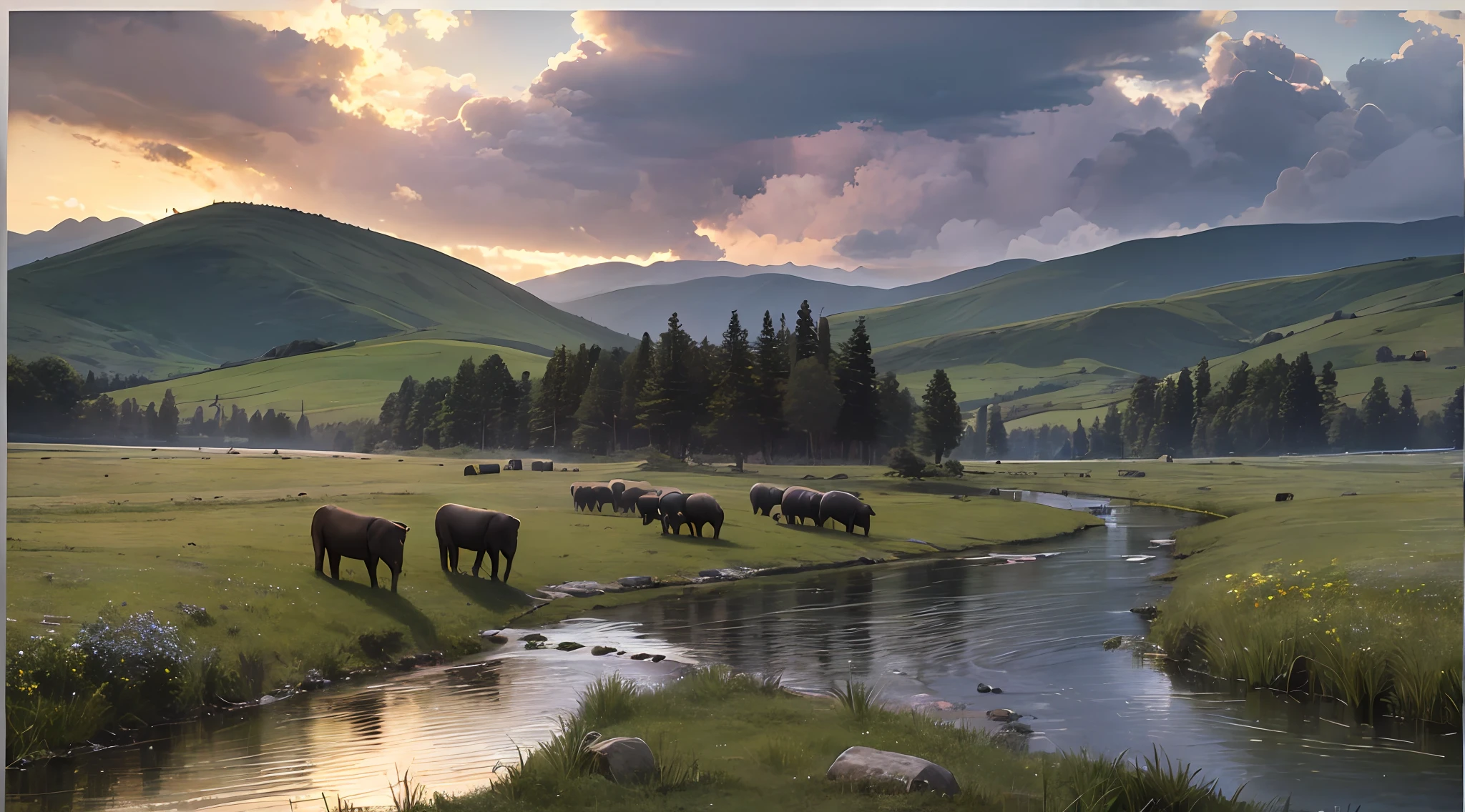 Shepherds lead the flock to rest by the stream, shallow clear meandering stream, vast green meadows nearby, dark clouds in the distant sky, lightning and thunder HD detail, ultra-detail, soft light, deep field focus bokeh, ray tracing. --v6