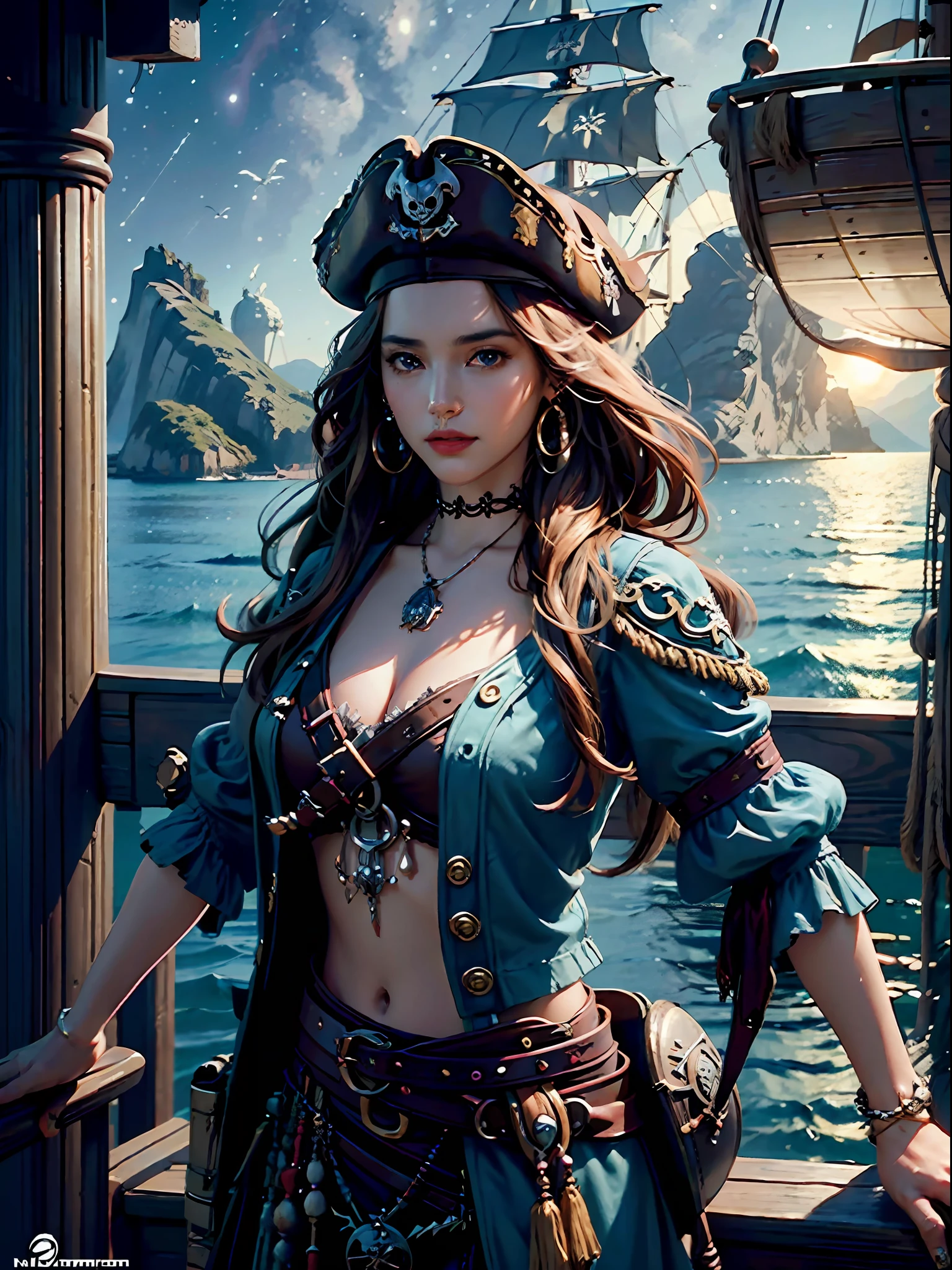 (Style of Art Deco), (precision crafted CG architecture wallpaper), (Pirates of the Caribbean: 1.3), extremely beautiful young lady, perfect body, large breast, maritime, swashbuckler, detailed pirate ship, (8k quality), (peak standard), (artistic brilliance), (lifelike), (photo-accurate), meticulous detailing, charismatic captain, finely dressed, fierce eyes, intricate beard,(on the ship's helm under the stars), Caribbean sea at night, distant islands