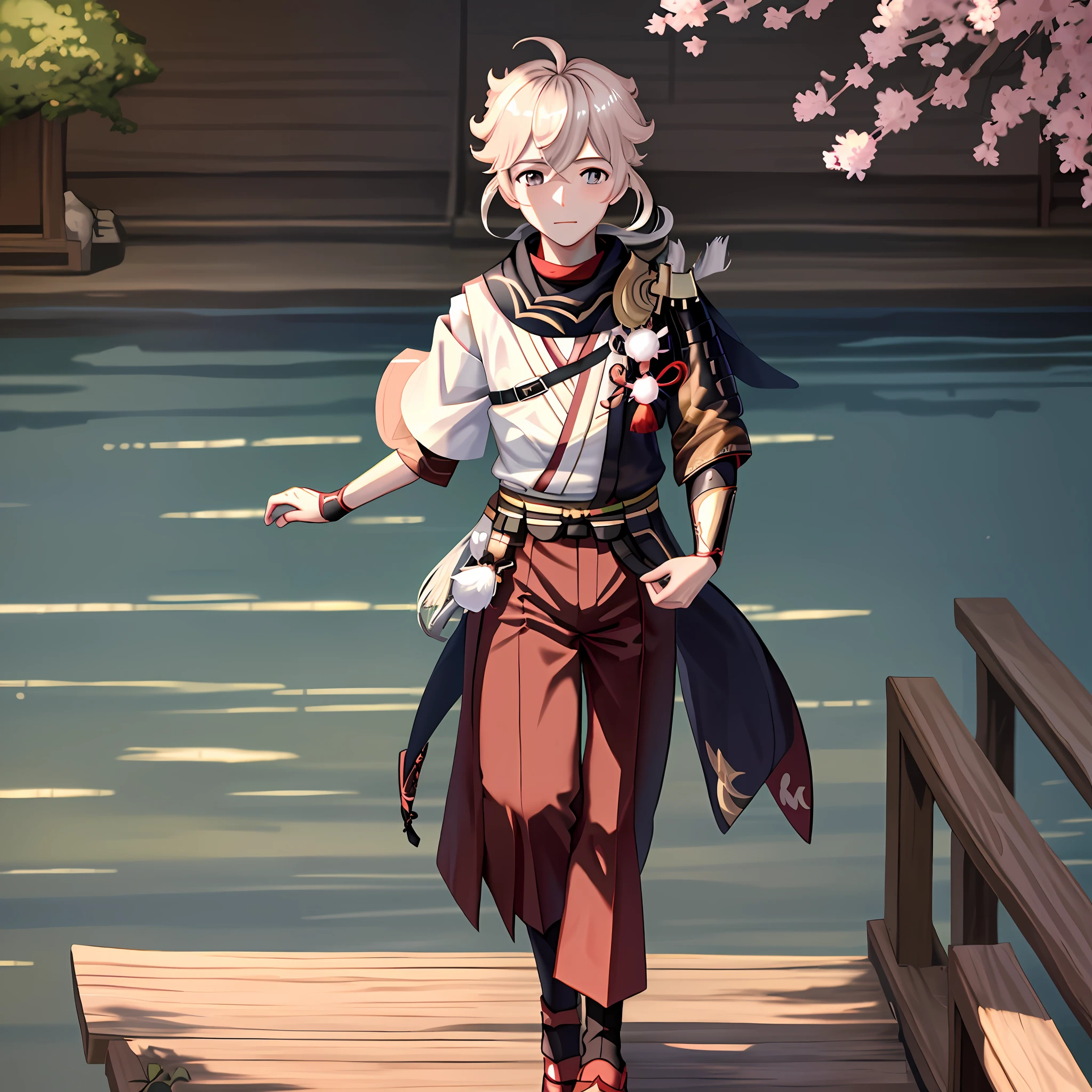 Masterpiece, Best Quality, Handsome Young 1 Boy, Solo, Full-Length, Looking at the Viewer, Loving Look, Blushing, Blush on Cheeks, Japanese Landscape Background, Kazuha (Genshin Impact)