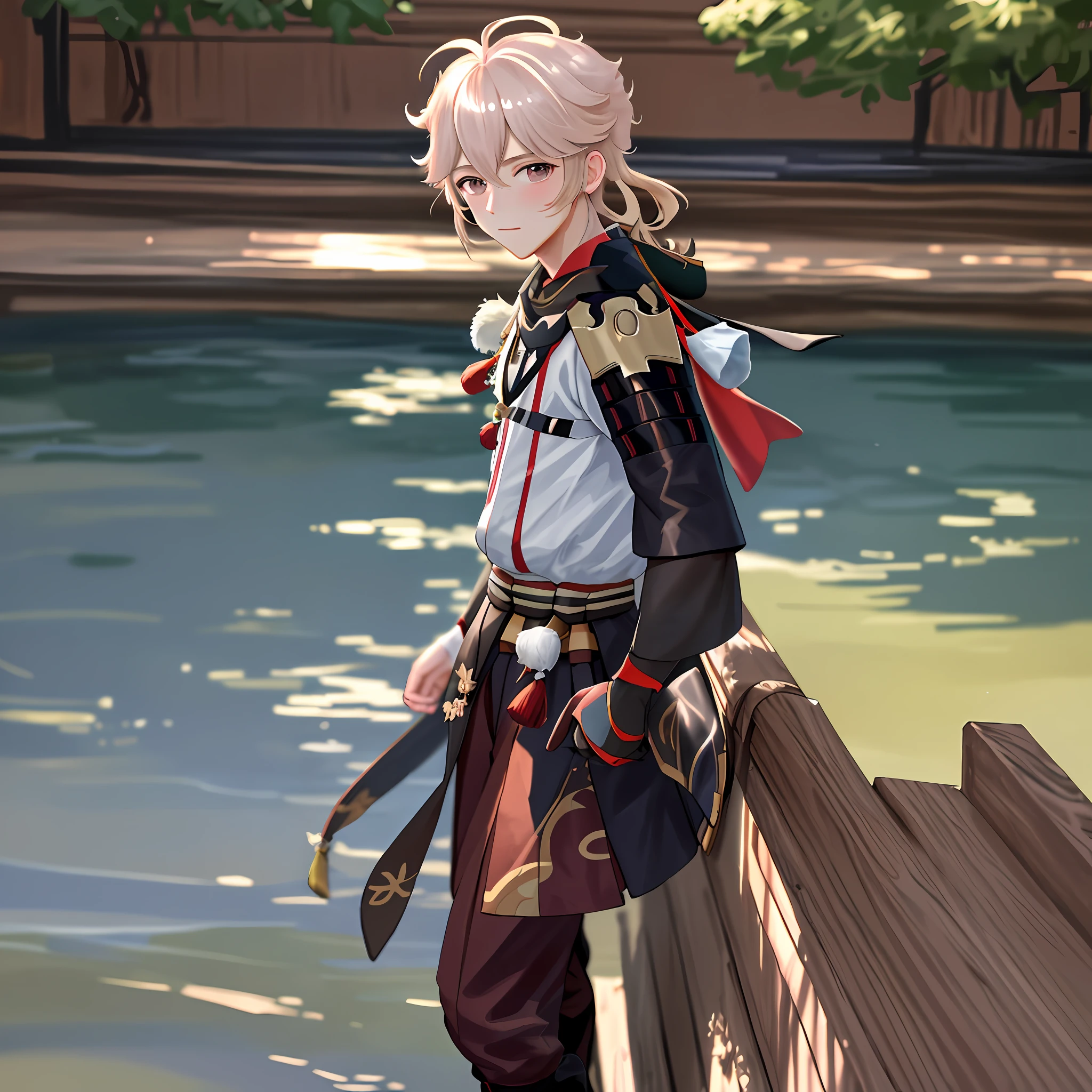 Masterpiece, Best Quality, Handsome Young 1 Boy, Solo, Full-Length, Looking at the Viewer, Loving Look, Blushing, Blush on Cheeks, Japanese Landscape Background, Kazuha (Genshin Impact)