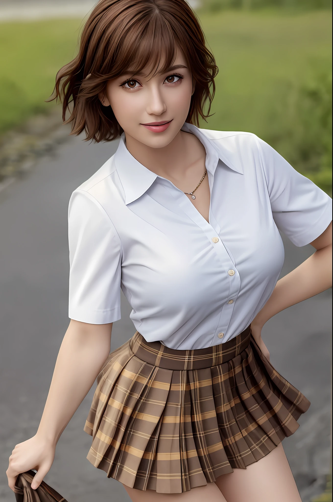 nsfw, 8K raw photo, (photorealistic:1.4), Best quality, masterpiece, ultra high res, film grain,filmg,
1girl, looking at viewer,
natural skin texture, realistic eye and face details, full lips,rouge \(makeup\), red eyeshadow, fluffy short hair, messy hair, smile, close mouth, beautiful legs, tall female, skinny, slim_legs, solo,
enormous breast,cleavage,
Pose with buttocks facing you,
ultra short skirt, ass, shirt,
beautiful nature location,around flower location, plaid skirt, white shirt,
Show a little cleavage through the shirt,
loafers,
blurry background, blurry, holding, plaid, short sleeves, jk ribbon on the neck, jk ribbon,
brown hair, bracelet, water, bangs, school uniform, jewelry, parted lips, lips, pleated skirt,
depth of field, black hair,
looking at viewer