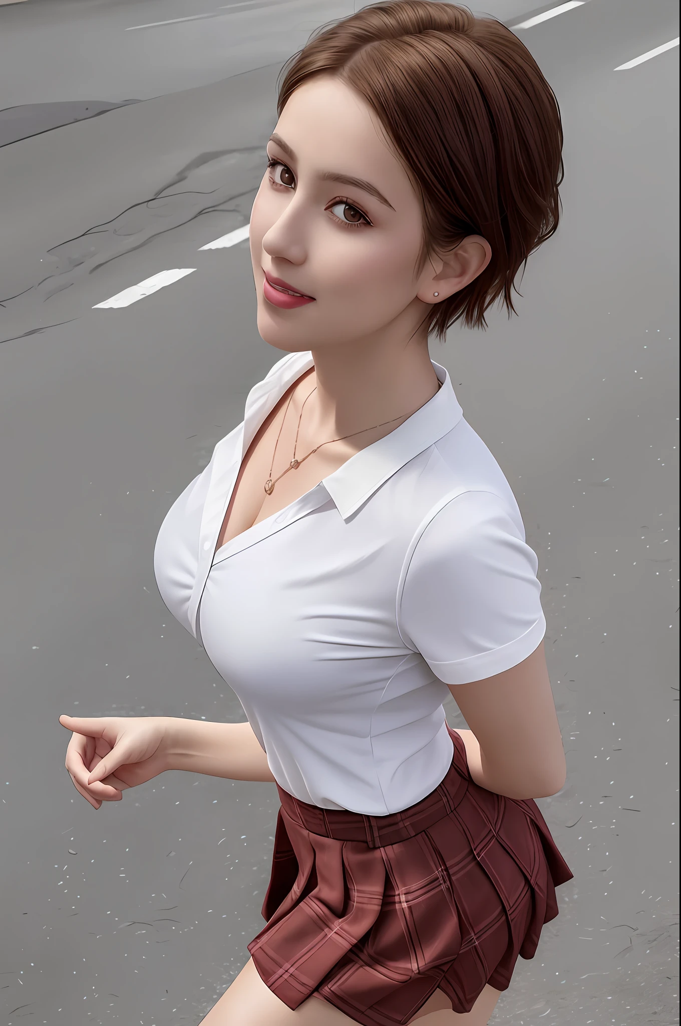 nsfw, 8K raw photo, (photorealistic:1.4), Best quality, masterpiece, ultra high res, film grain,filmg,
1girl, looking at viewer,
natural skin texture, realistic eye and face details, full lips,rouge \(makeup\), red eyeshadow, fluffy short hair, messy hair, smile, close mouth, beautiful legs, tall female, skinny, slim_legs, solo,
enormous breast,cleavage,
Pose with buttocks facing you,
ultra short skirt, ass, shirt,
beautiful nature location,around flower location, plaid skirt, white shirt,
Show a little cleavage through the shirt,
loafers,
blurry background, blurry, holding, plaid, short sleeves, jk ribbon on the neck, jk ribbon,
brown hair, bracelet, water, bangs, school uniform, jewelry, parted lips, lips, pleated skirt,
depth of field, black hair,
looking at viewer