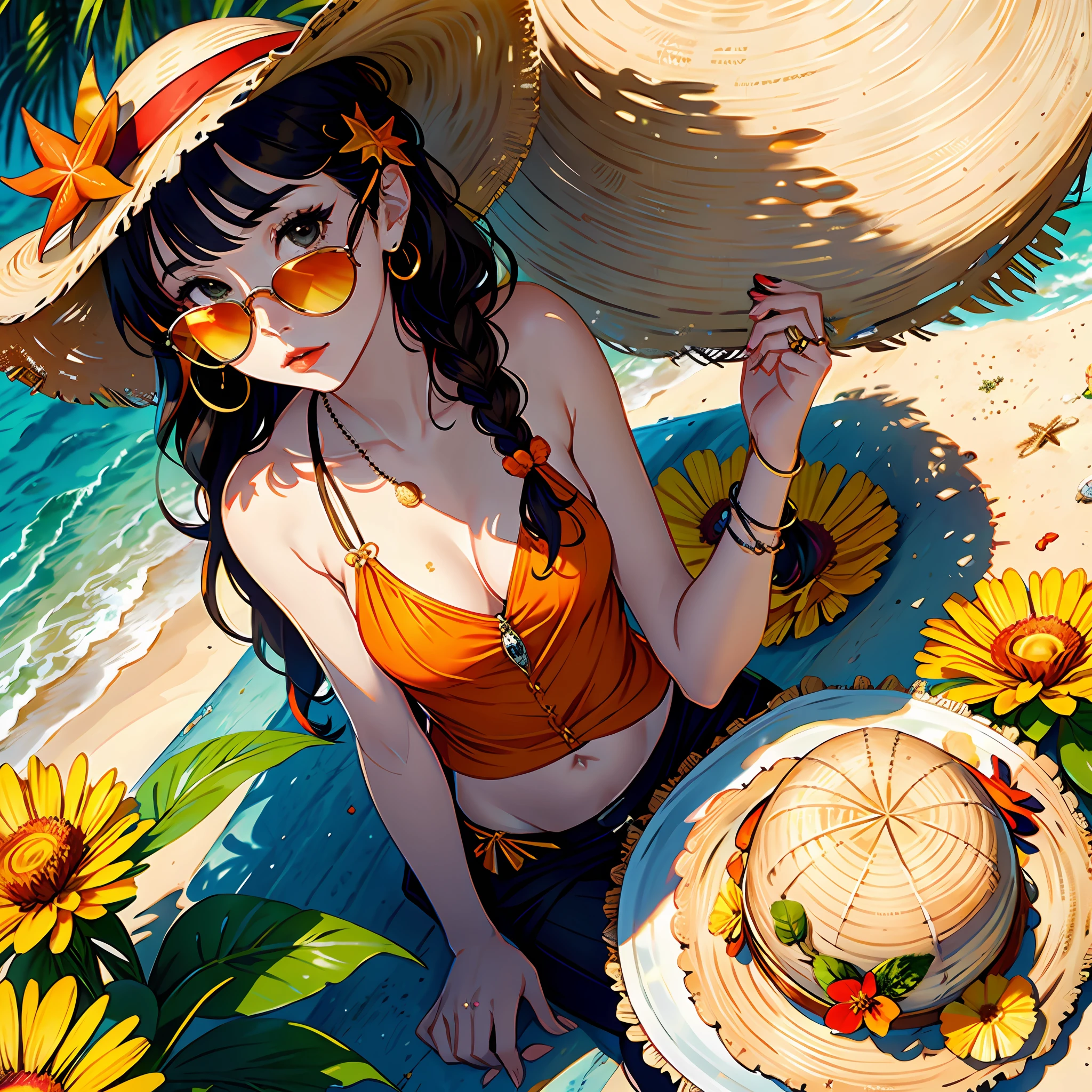 1girl, solo, starfish, seashell, shell, flower, hat, hair ornament, jewelry, straw hat, looking at viewer, sunglasses, hat flower, drinking straw, hairclip, earrings, red flower, tinted eyewear, yellow flower, bangs, english text, multicolored hair, orange flower, black hair, ring, cup, long hair, orange-tinted eyewear, food, brown hair, portrait, shell hair ornament