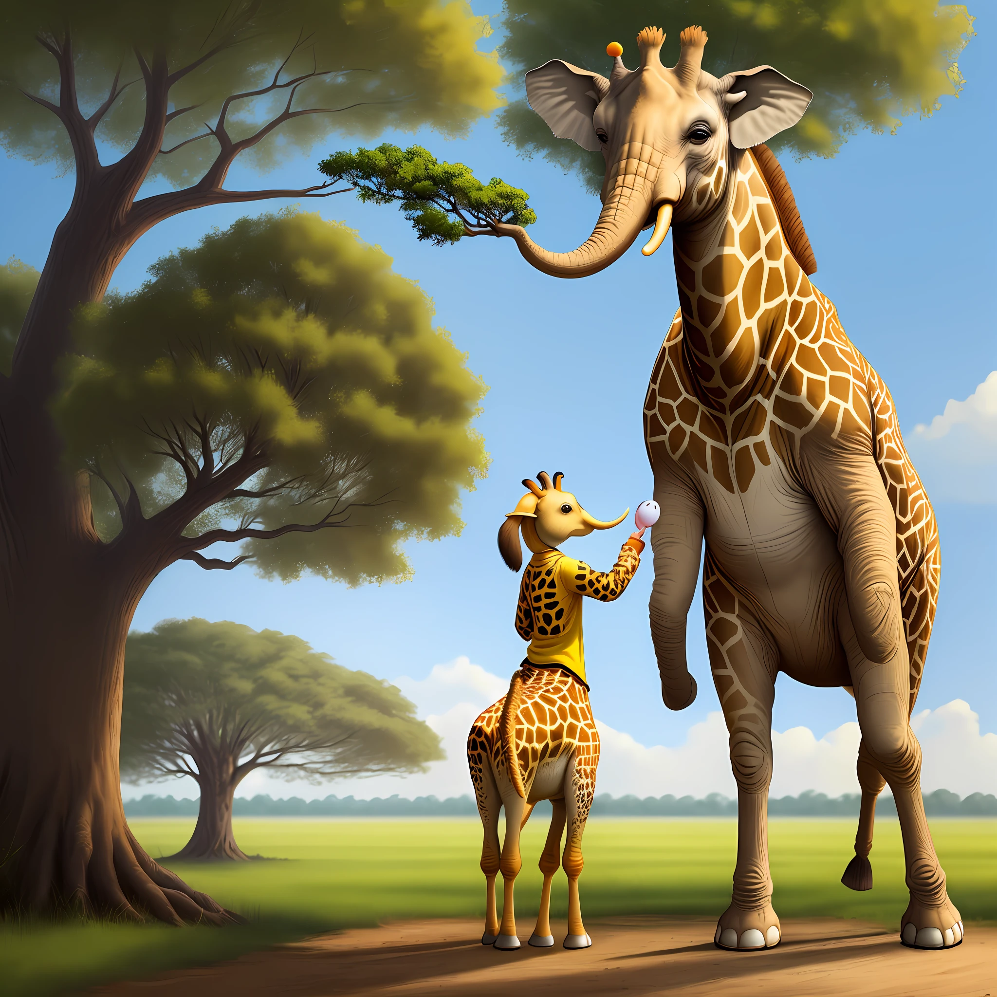 Yellow elephant half giraffe picking fruit on a goose tree