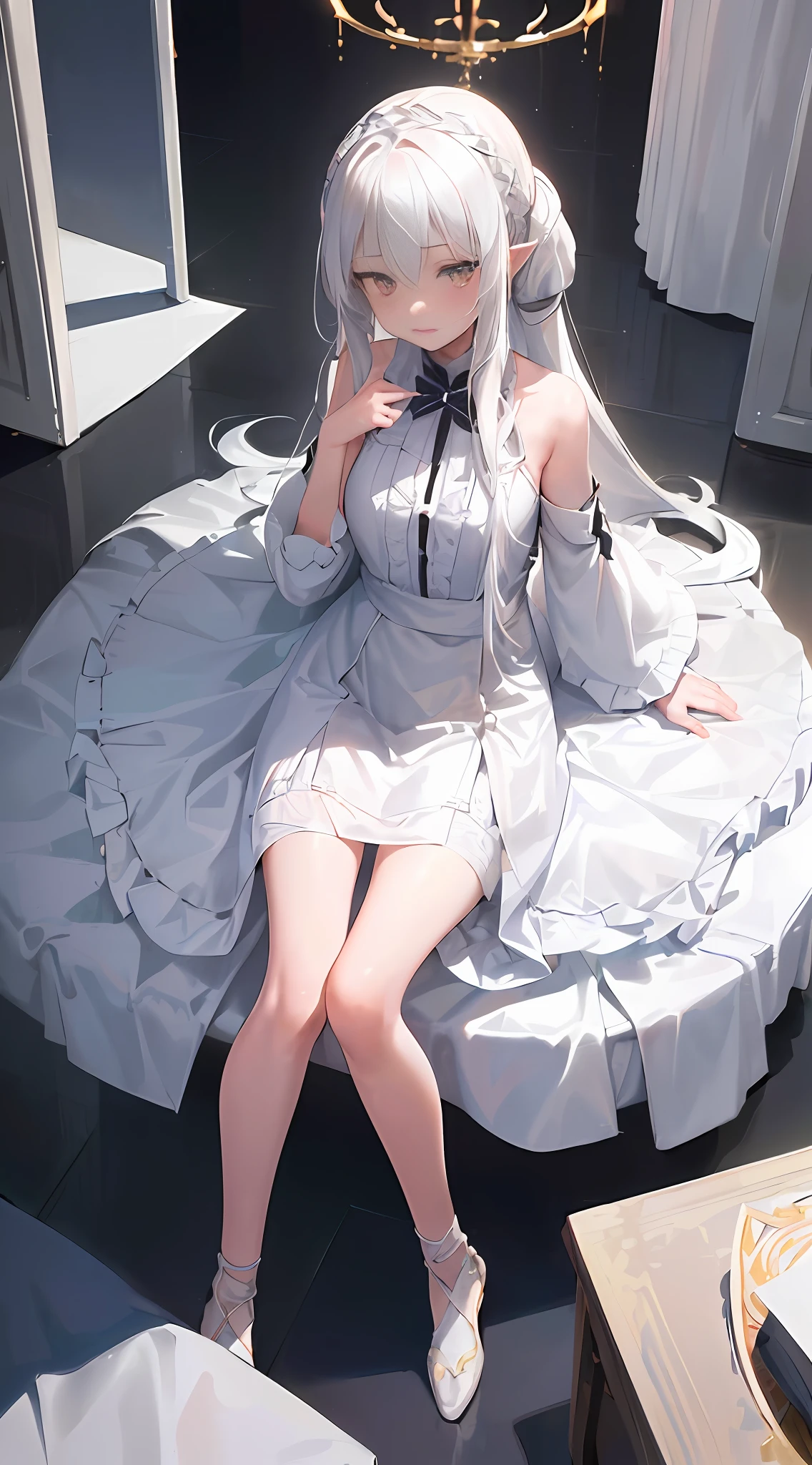 "((1 girl), (long white hair + silver hair: 1.2), (li + beautiful clothes), beautiful perfect, white dress, pixiv goddess, seduction), (dynamic pose on the table), (cute), (unknown background), high resolution, see the whole body, face the perspective, get close to the perspective."