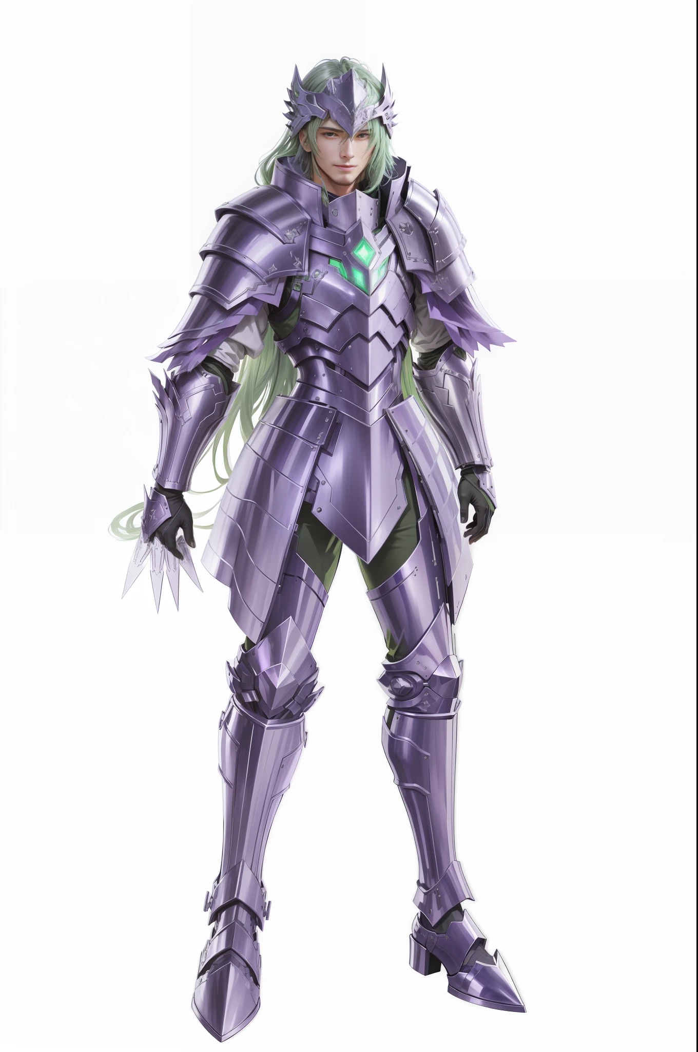 A man in armor, green hair, smile, purple armor, strong metallic luster texture, emerald on chest, full body, light, white background, perfect fingers, holy robe style