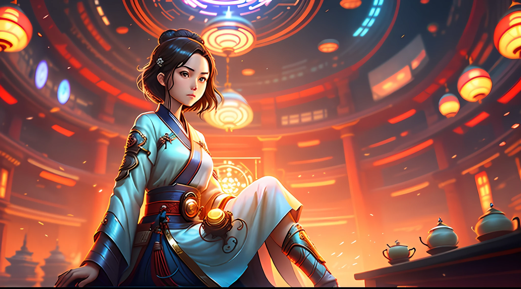 Anime - Style Woman sitting in a circular room with a clock in the background, Brunette Mage, Artgerm and Atey Ghailan, by Yang J, Keqing from Genshin Impact, Nakali from Genshin Impact, Girl in Palace, Hanfu, Range Murata and ArtGerm, Pop on CGSTATION, Dreamy, Sci-Fi, Five Senses, Five Fingers Complete