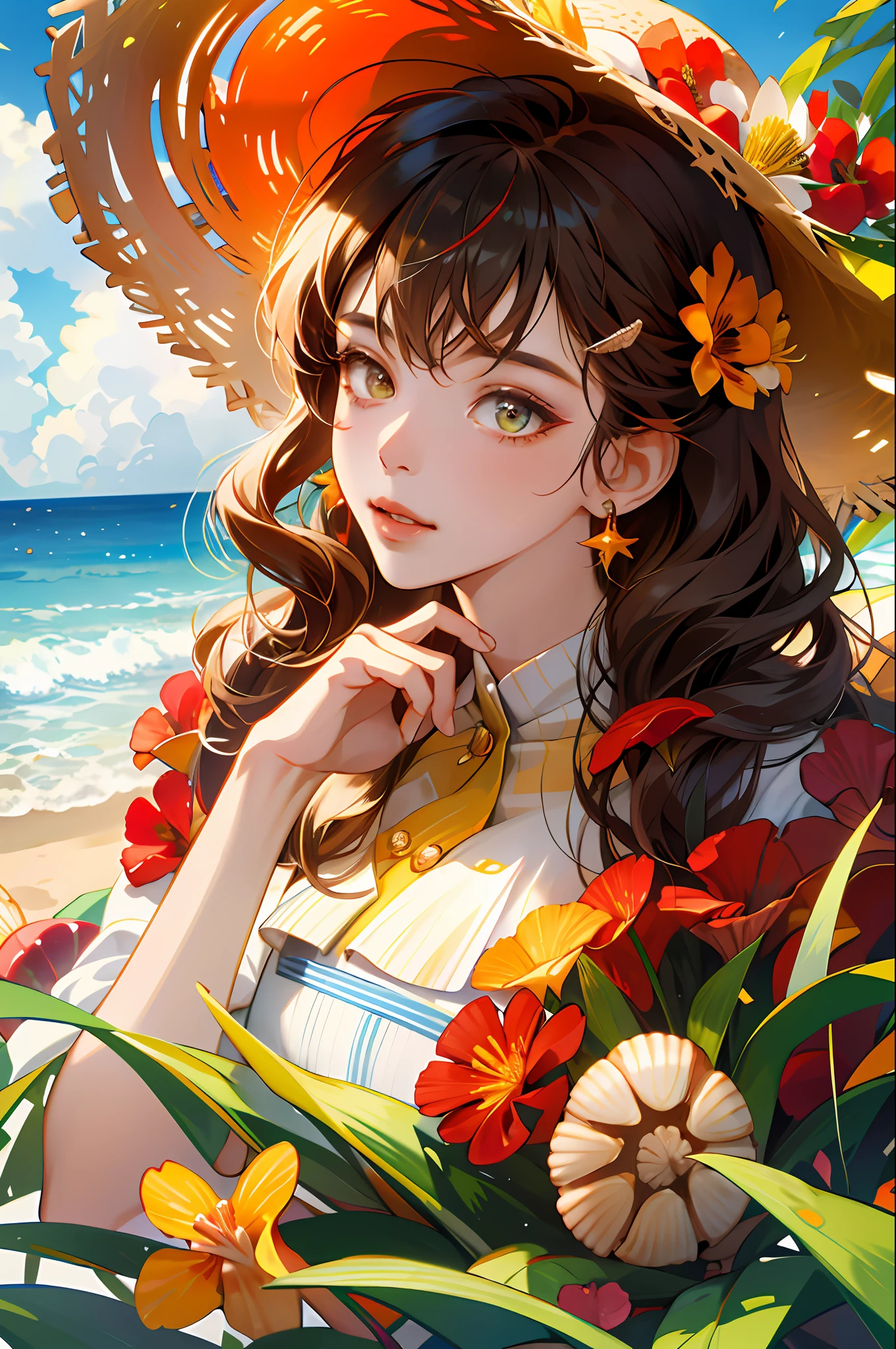 absurdres, highres, ultra detailed, 1girl, solo, extremely detailed eyes, starfish, seashell, shell, flower, hat, hair ornament, jewelry, straw hat, looking at viewer, sunglasses, hat flower, drinking straw, hairclip, earrings, red flower, tinted eyewear, yellow flower, bangs, english text, multicolored hair, orange flower, black hair, ring, cup, long hair, orange-tinted eyewear, food, brown hair, portrait, shell hair ornament