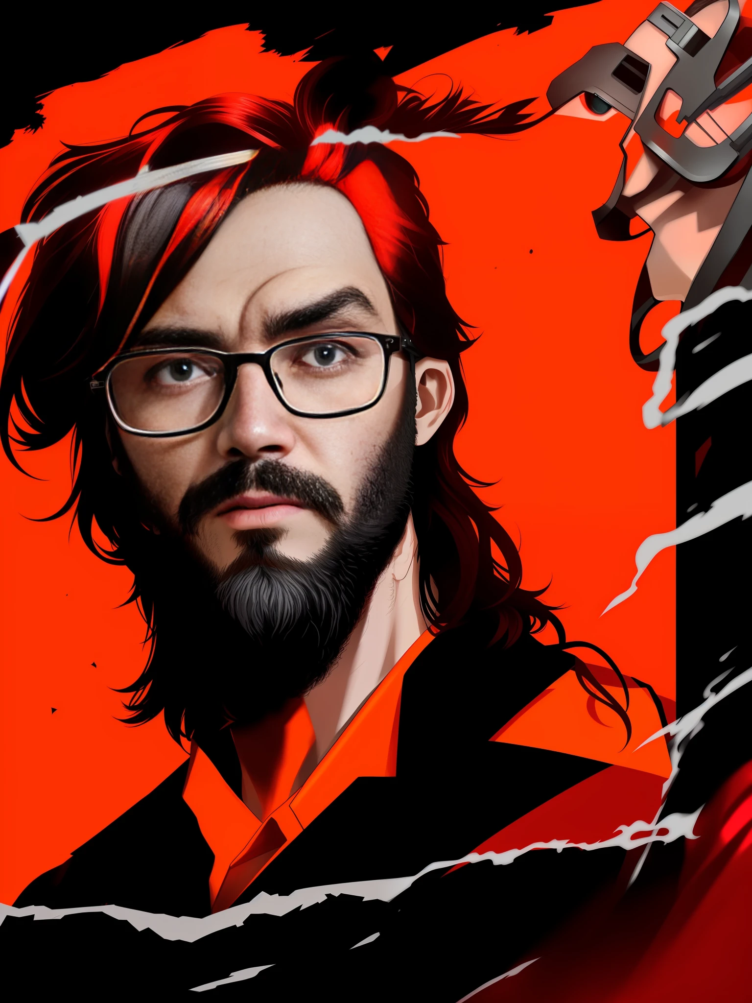 there is a man with glasses and a beard and a red shirt, portrait of apex legends, epic portrait illustration, keanu reevez in disco elysium, jett from valorant, disco elysium character, stylized portrait, character art closeup, nft portrait, sage ( valorant ), unreal 5. rpg portrait, omen from valorant, young face, short beard, teen