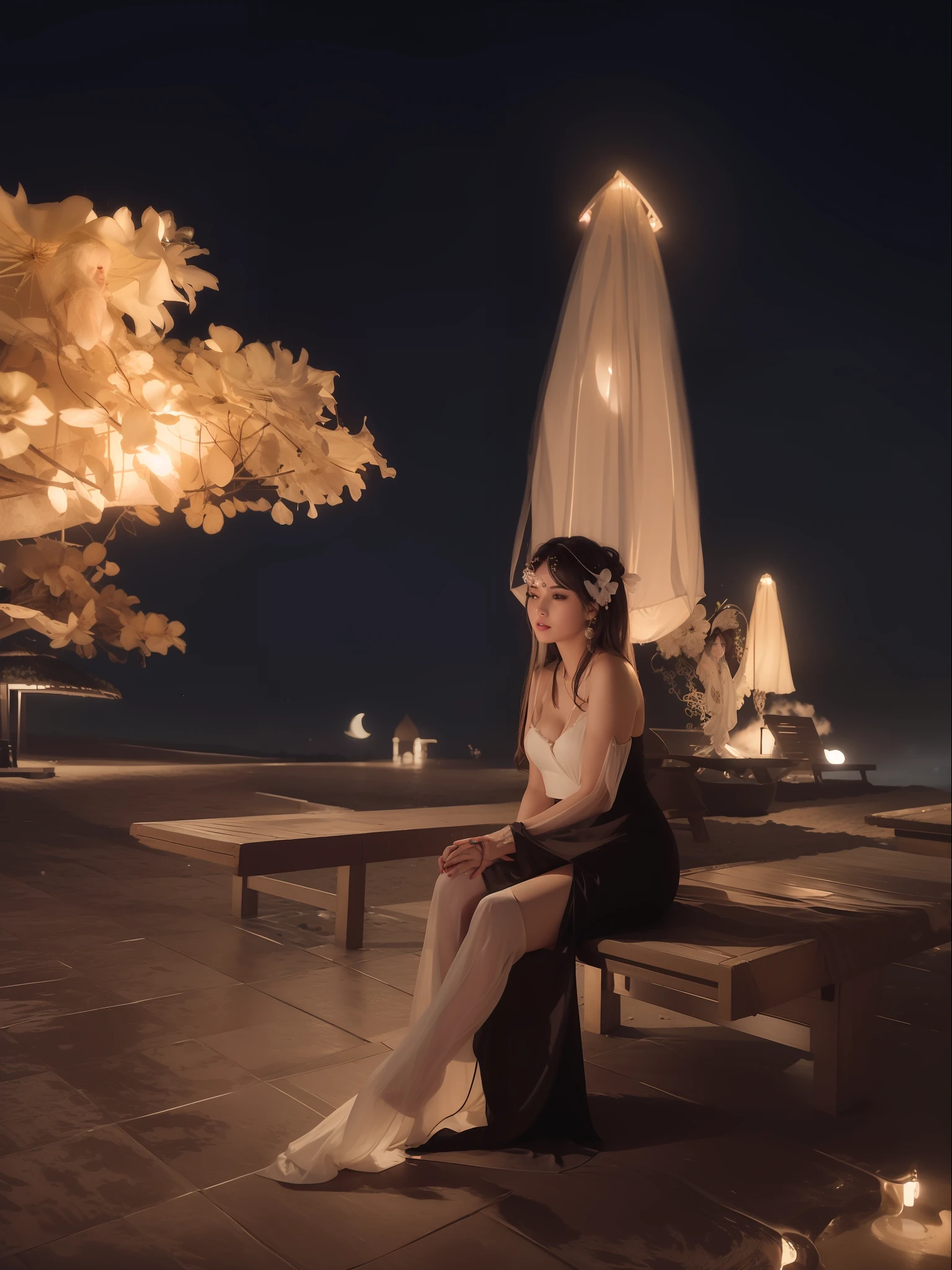 there is a woman sitting on a bench under an umbrella, sitting on the beach, at night with moon light, large breasts, wearing a long dress,  wearing long gown, soft silk dress,  wearing a sexy dress made of water, sexy pose, ultra detailed realistic face, realistic, black color hair, photorealistic