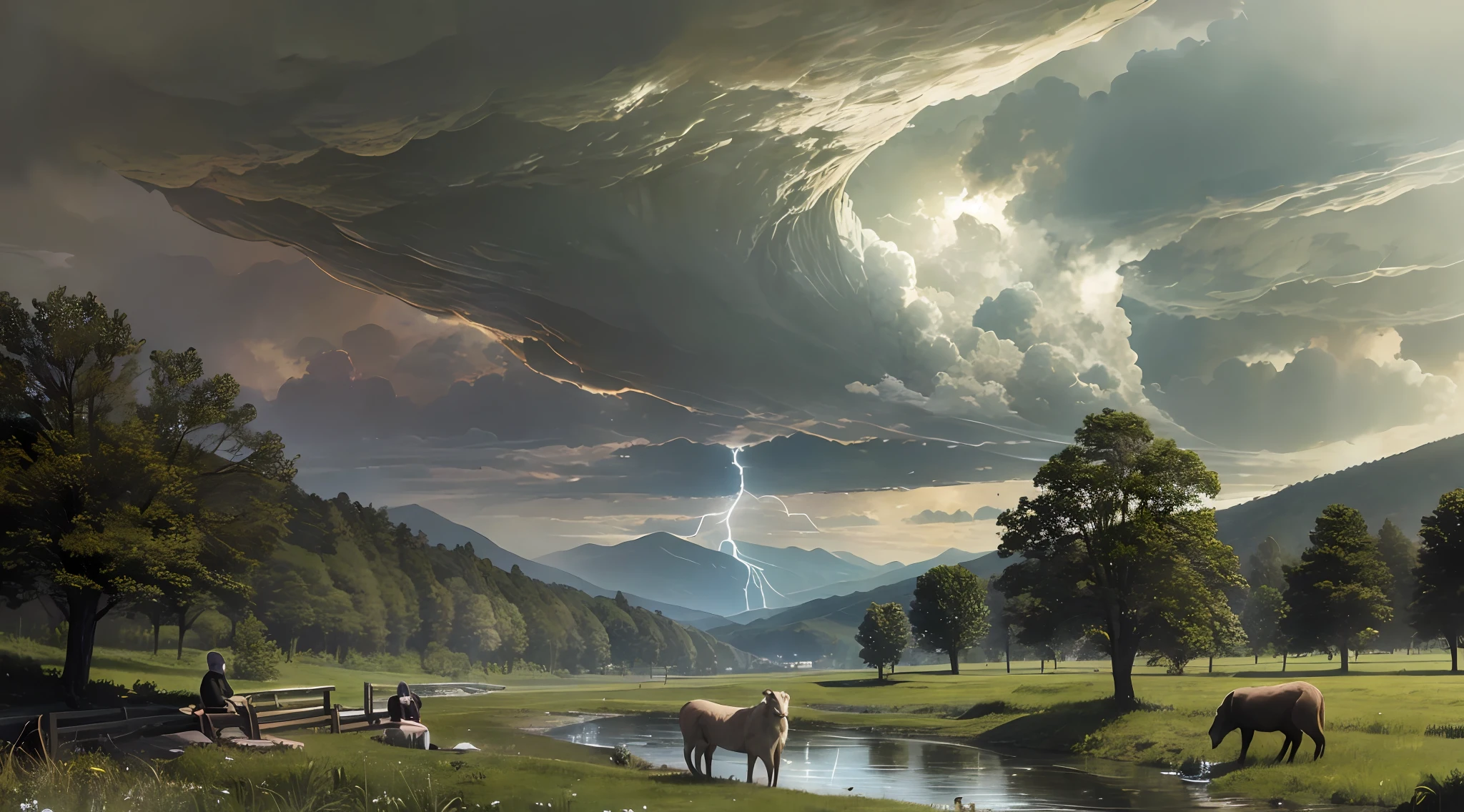 Shepherds lead the flock to rest by the stream, shallow clear meandering stream, vast green meadows nearby, dark clouds in the distant sky, lightning and thunder HD detail, ultra-detail, soft light, deep field focus bokeh, ray tracing. , the abyss covered with dark clouds --v6