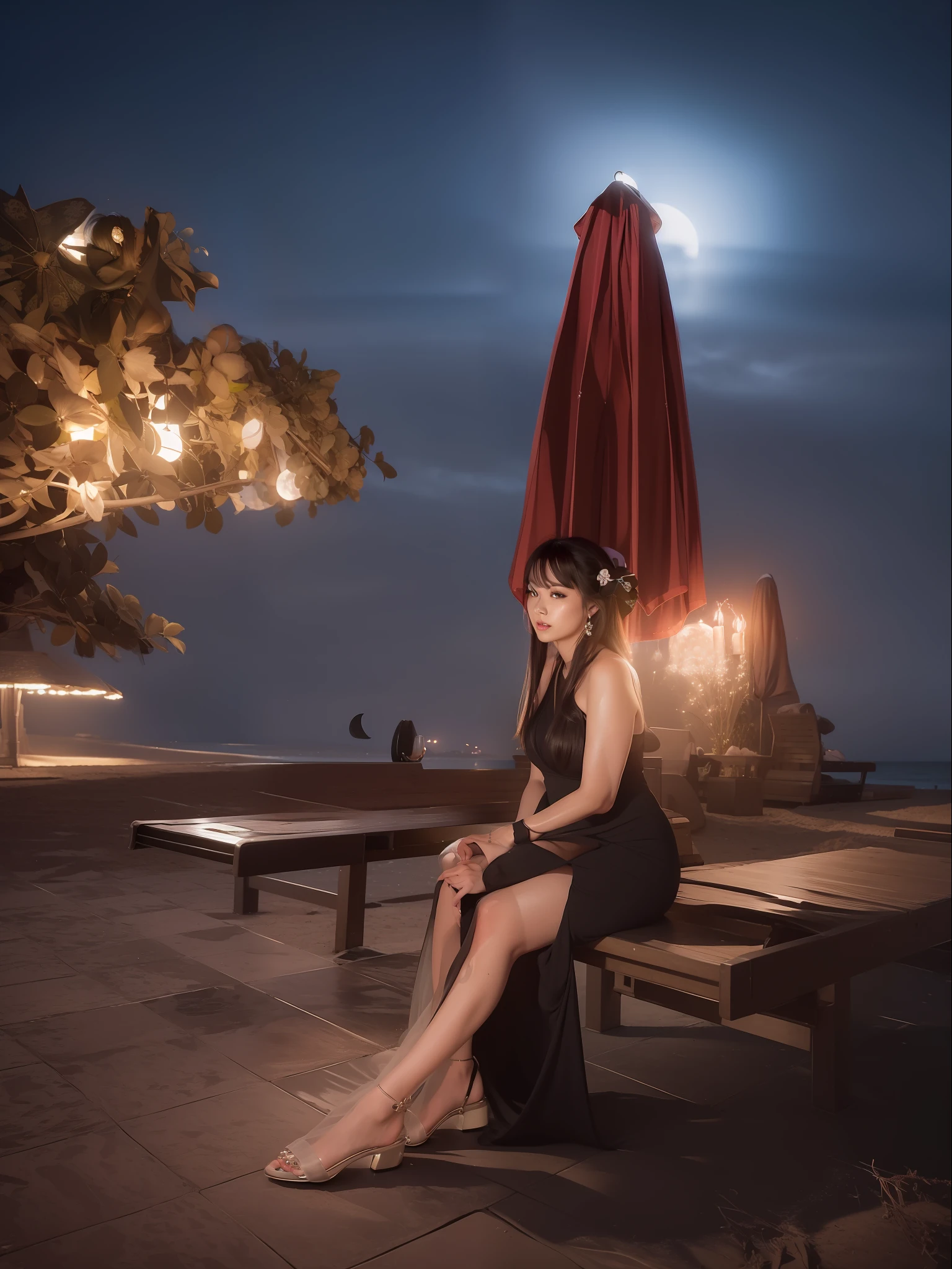 there is a woman sitting on a bench under an umbrella, sitting on the beach, at night with moon light, large breasts, wearing a long gown, ultra detailed realistic face, black color hair, photorealistic, sexy pose with sexy look