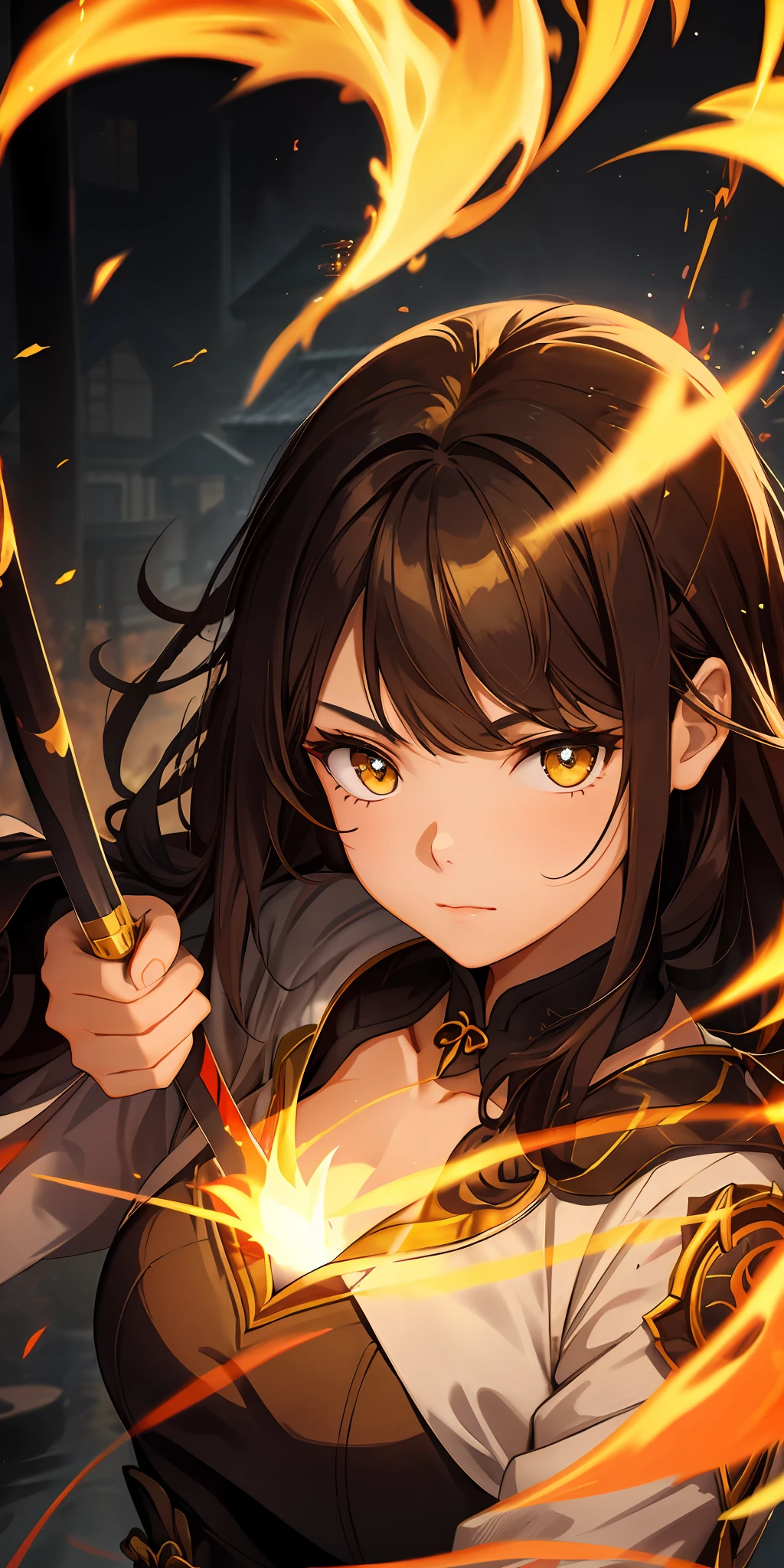 1girl, brown hair, golden eye, katana, flames, burning houses, glowing, sidelighting, wallpaper, yellow eyes