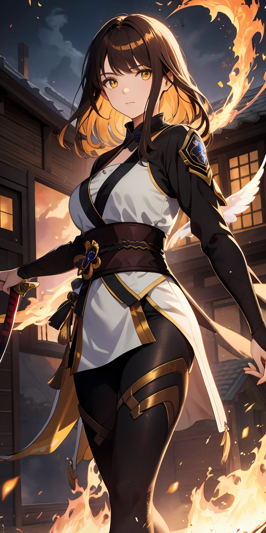 1girl, brown hair, golden eye, katana, flames, burning houses, glowing, sidelighting, wallpaper, yellow eyes