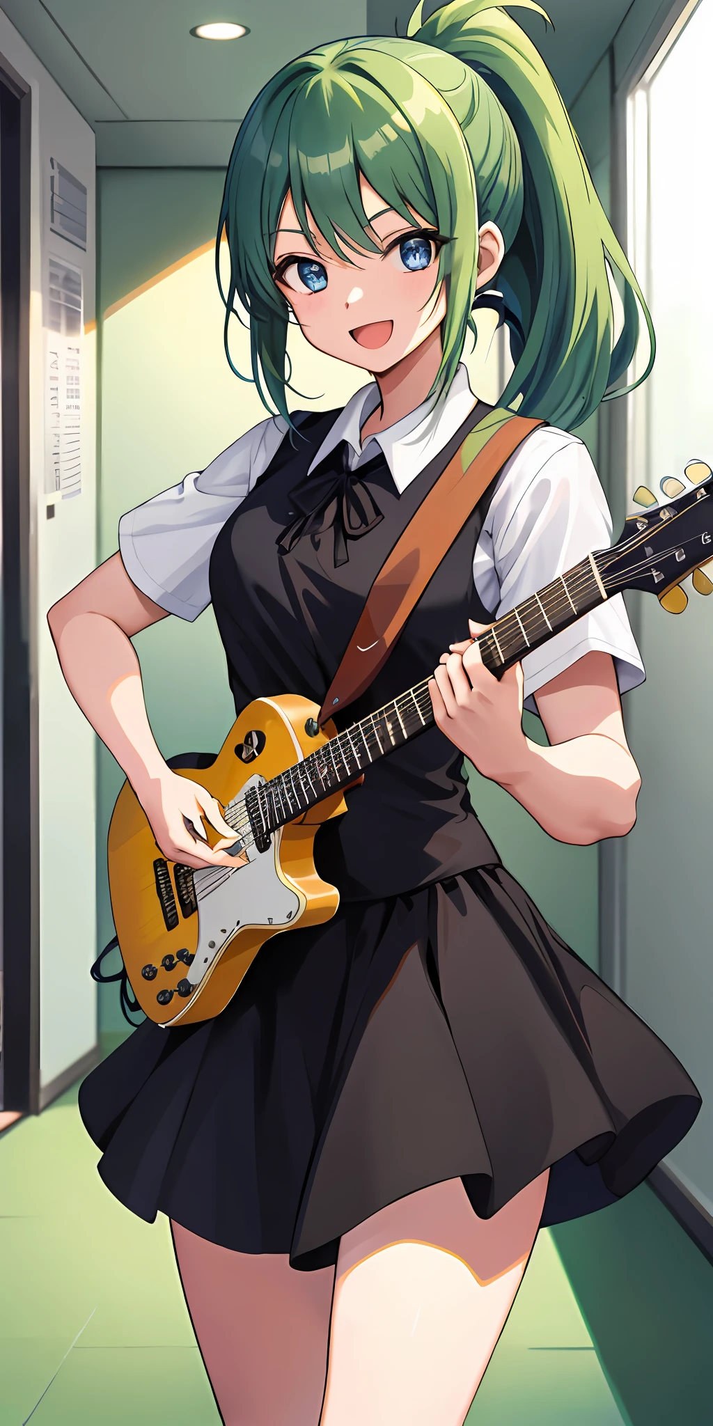 2D, masterpiece, best quality, anime, very detailed, cowboy shot, one girl, solo, playing guitar, blue eyes, long green ponytail hair with hime cut and bangs,uniform, summer uniform,, standing, indoors, hallway, :d