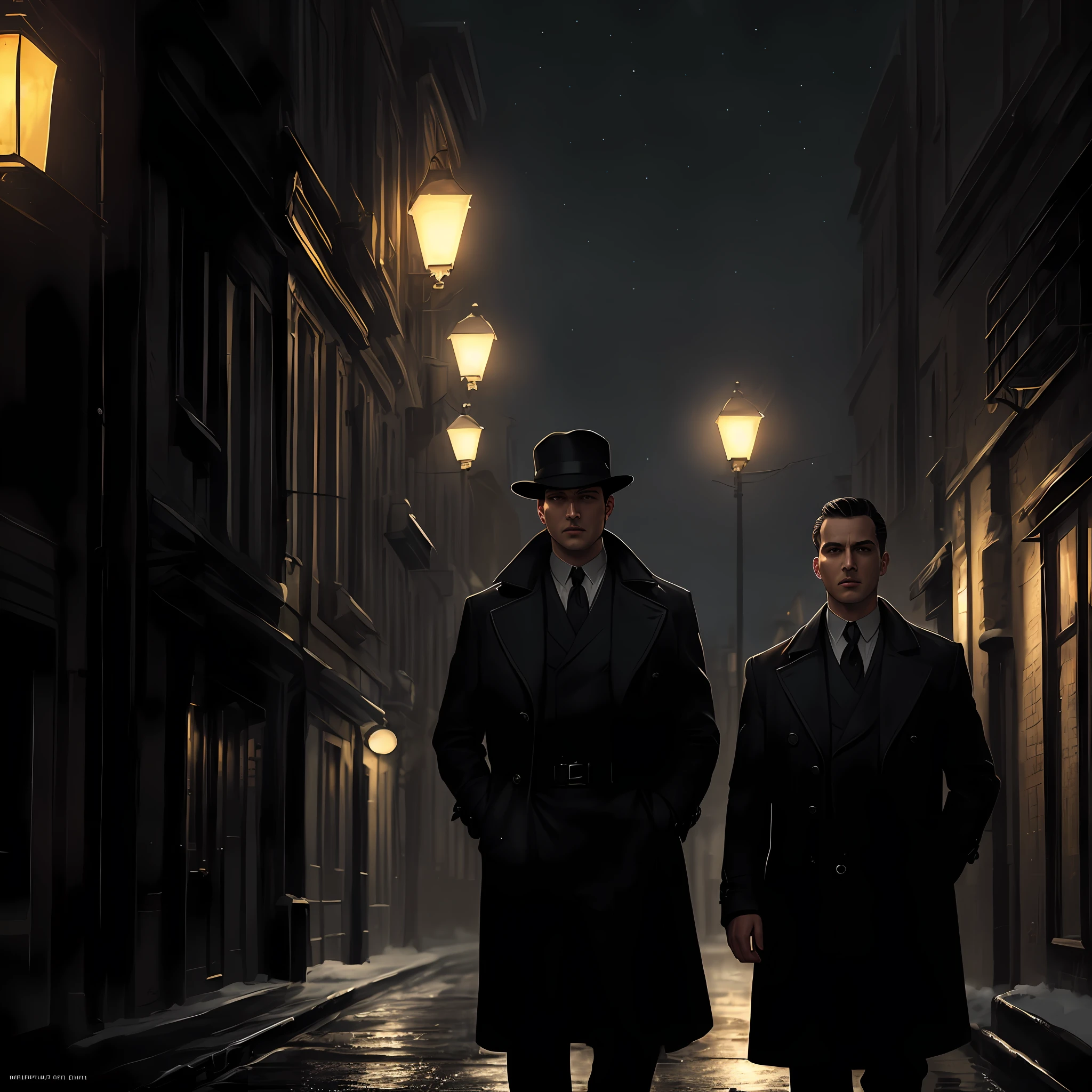 (Masterpiece, best quality: 1.2), detailed face, (pastel colors: 1.2, dark studio, edge lighting, two-tone lighting, dim, understated,), 1930s posters \ (style\), black detective film, (black atmosphere: 1), gloomy atmosphere, accentuated black colors, 1930s (/style/), detective put on a coat, into the cold night sky, always ready to follow clues, trending on ArtStation, Trends on CGSociety, the complex, highly detailed, dramatic, realistic art of painting by Midjourney and Greg Rutkowski,