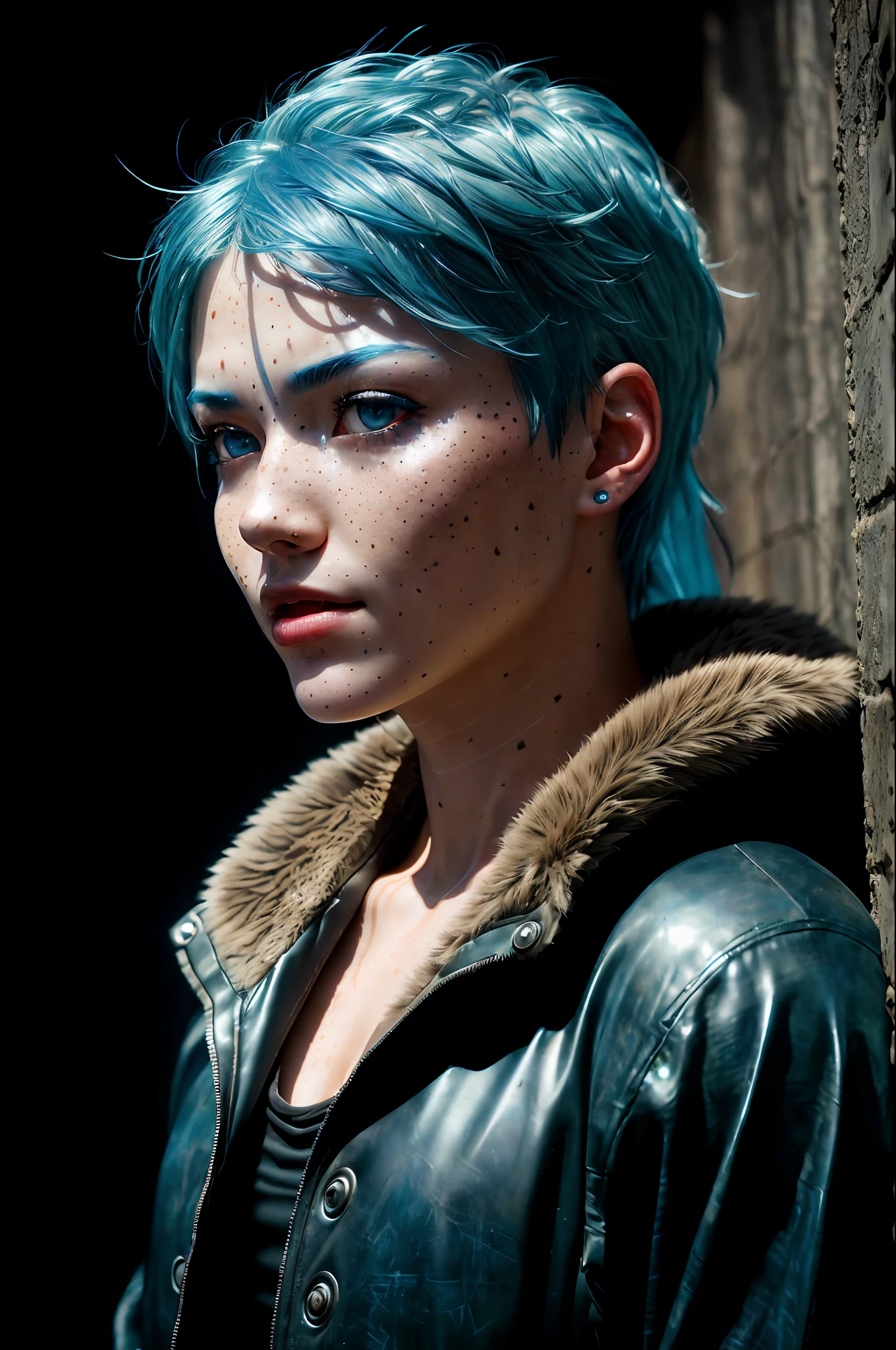 Film, ((Face close-up)), best quality, sharp graphics, diffuse light, (Detail is clear for every strand of blue hair on the face), 1elfa, angelic, sexy, nsfw, sexy woman, depth of eyes, (go, fantasy, (beautiful illuminated eyes), realistic photo, hdr, nikon d850, ((vibrant, realistic photo, ultra realistic, dramatic, sharp focus, 8k)), (light freckles: 0.6), subsurface scattering, sharp details, retouched and complex, by Greg Rutkowski, by (Jeremy Lipking,:0.8), ((junji ito)), by ralph bakshi,((Silent Hill)), HR Giger, Beksinski, (complex details: 1.12), hdr, (intricate details, hyperdetailed:1.15), apocalyptic background, background stuff, highly detailed, (dark:1.3), dark, faded, hdr, (fantastic atmosphere:0.8)
