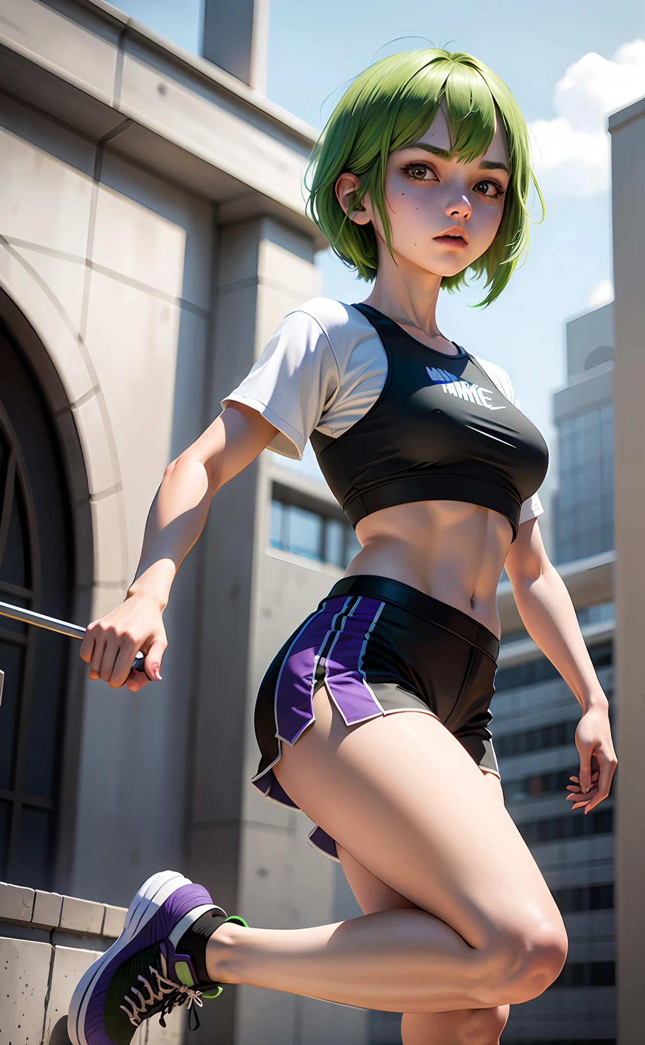 1 girl, wearing white shirt and black pants, me wearing Nike shoes, 17 years old, scary face, adult face, 4K style, realistic, crowded, green hair, bob cut hair, (purple eyes),
