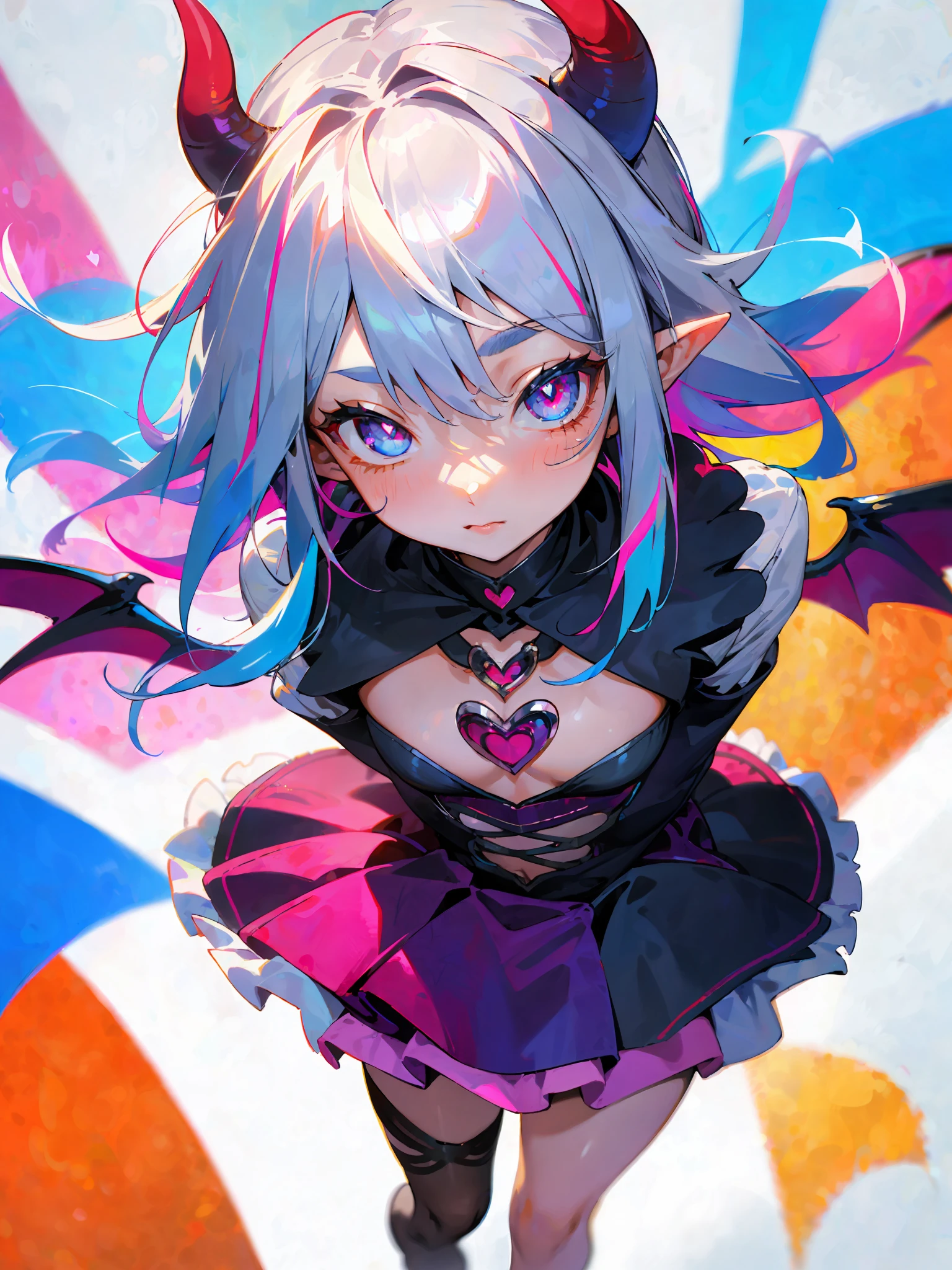((masterpiece, best)), 1girl, (mature woman: 1.4), 130mm f1.4 lens, 1girl, solo, pointed ears, heart-shaped pupils, micro skirt, looking down, demon girl, flat chest, demon wings, saturated, colorful , colorful hair, silver hair, blue hair, colorful eyes
