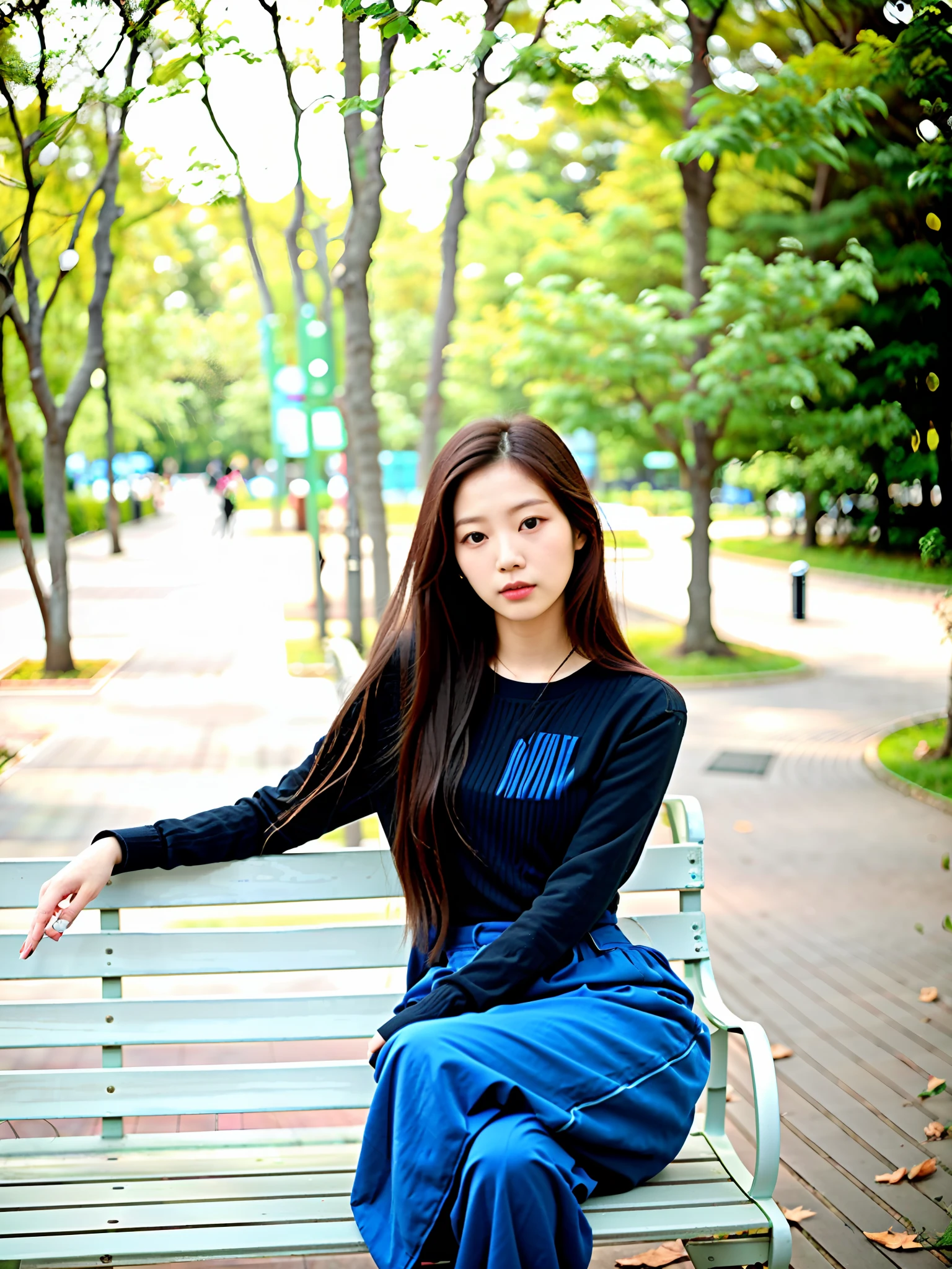 araffe sitting on a bench in a park with trees in the background, korean girl, asian girl with long hair, ulzzang, sitting on a park bench, beautiful south korean woman, jinyoung shin, gorgeous young korean woman, korean women's fashion model, beautiful young korean woman, with long hair, jaeyeon nam, beautiful lonely girl, sitting on a bench