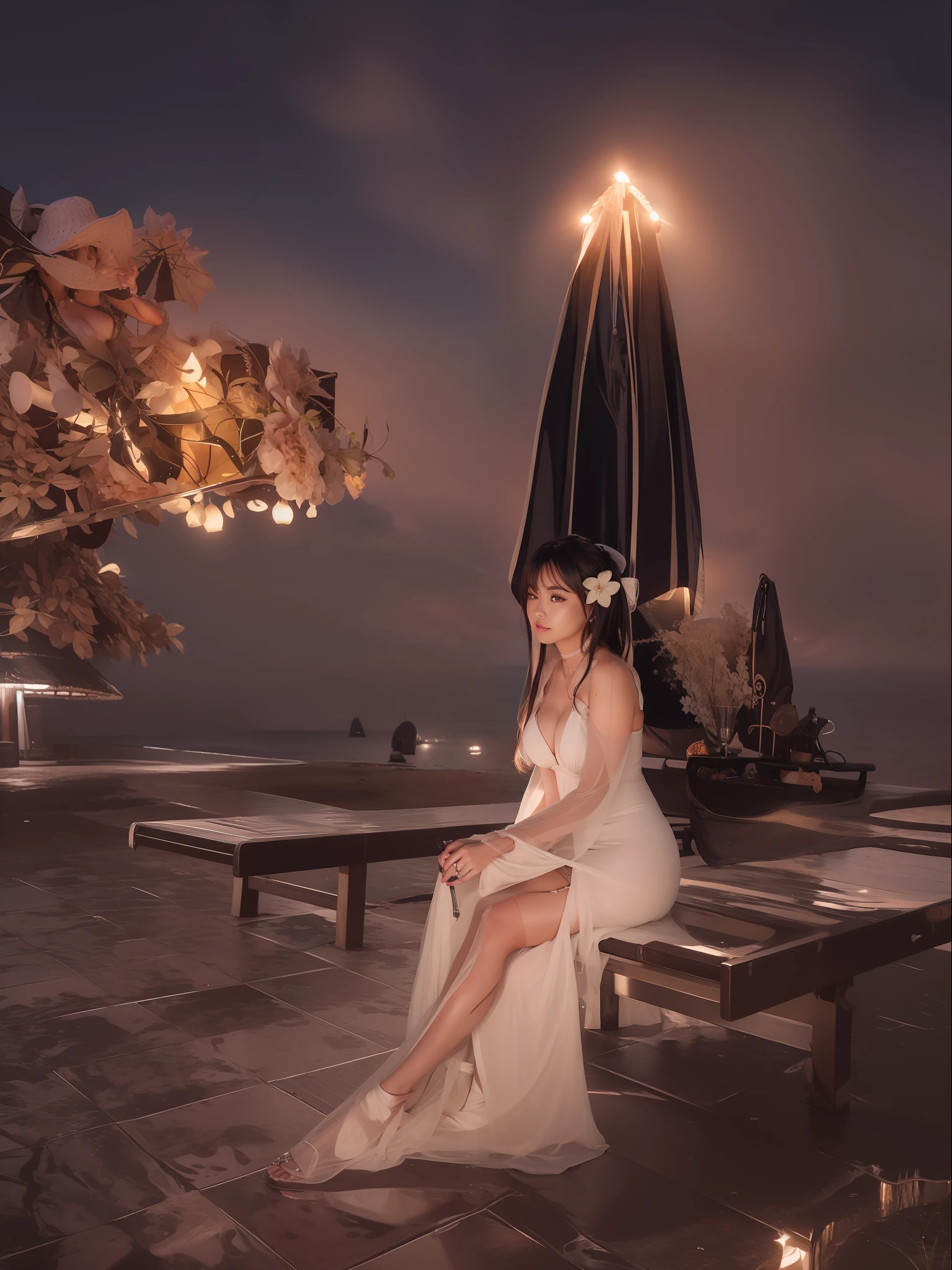 there is a woman sitting on a bench under an umbrella, sitting on the beach at night, sexy body with large breasts, wearing a long gown, sexy pose with sexy look, ultra detailed realistic face, realistic, black color hair, photorealistic