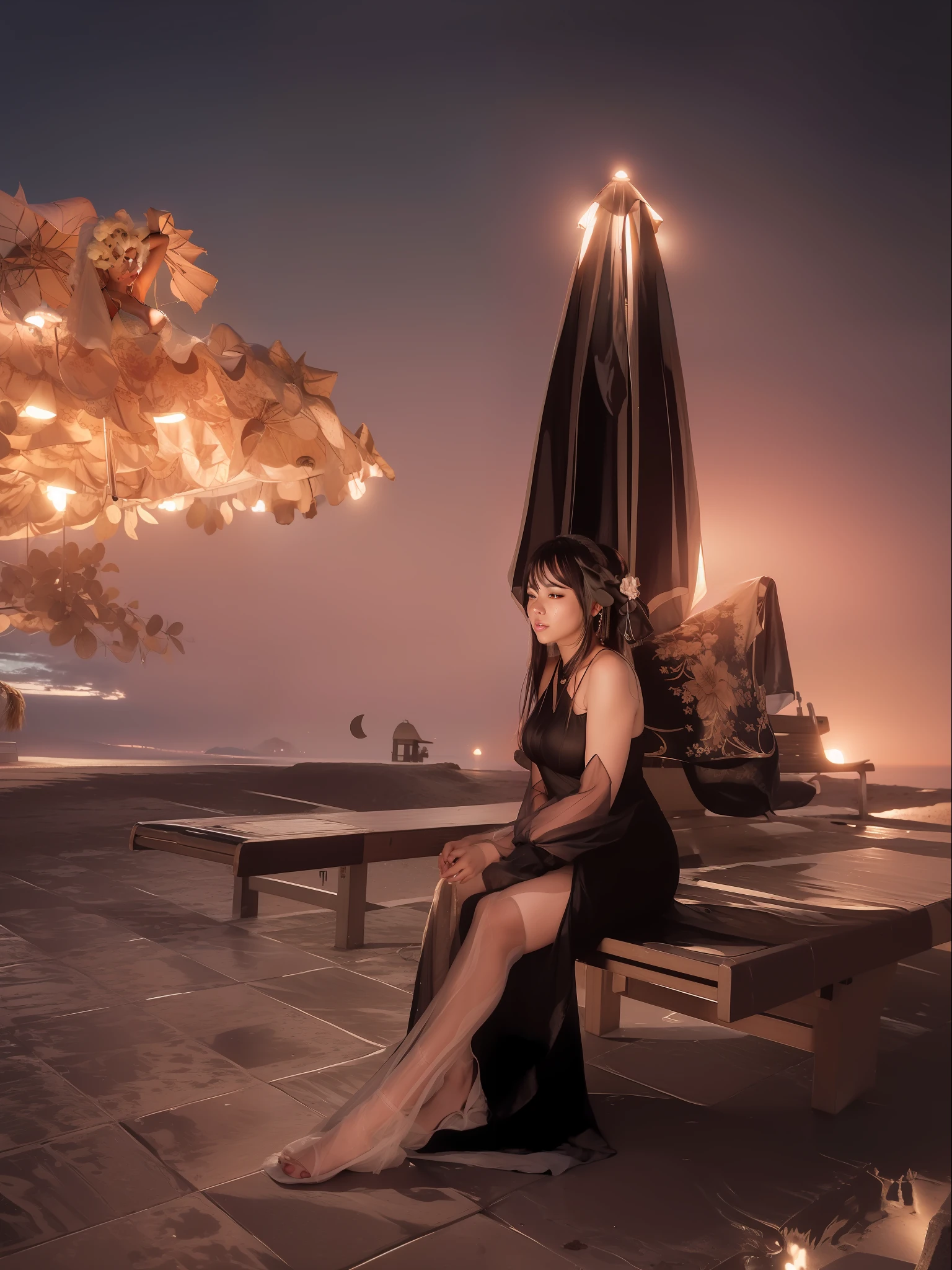 there is a woman sitting on a bench under an umbrella, sitting on the beach at night, sexy body with large breasts, wearing a long gown, sexy pose with sexy look, ultra detailed realistic face, realistic, black color hair, photorealistic