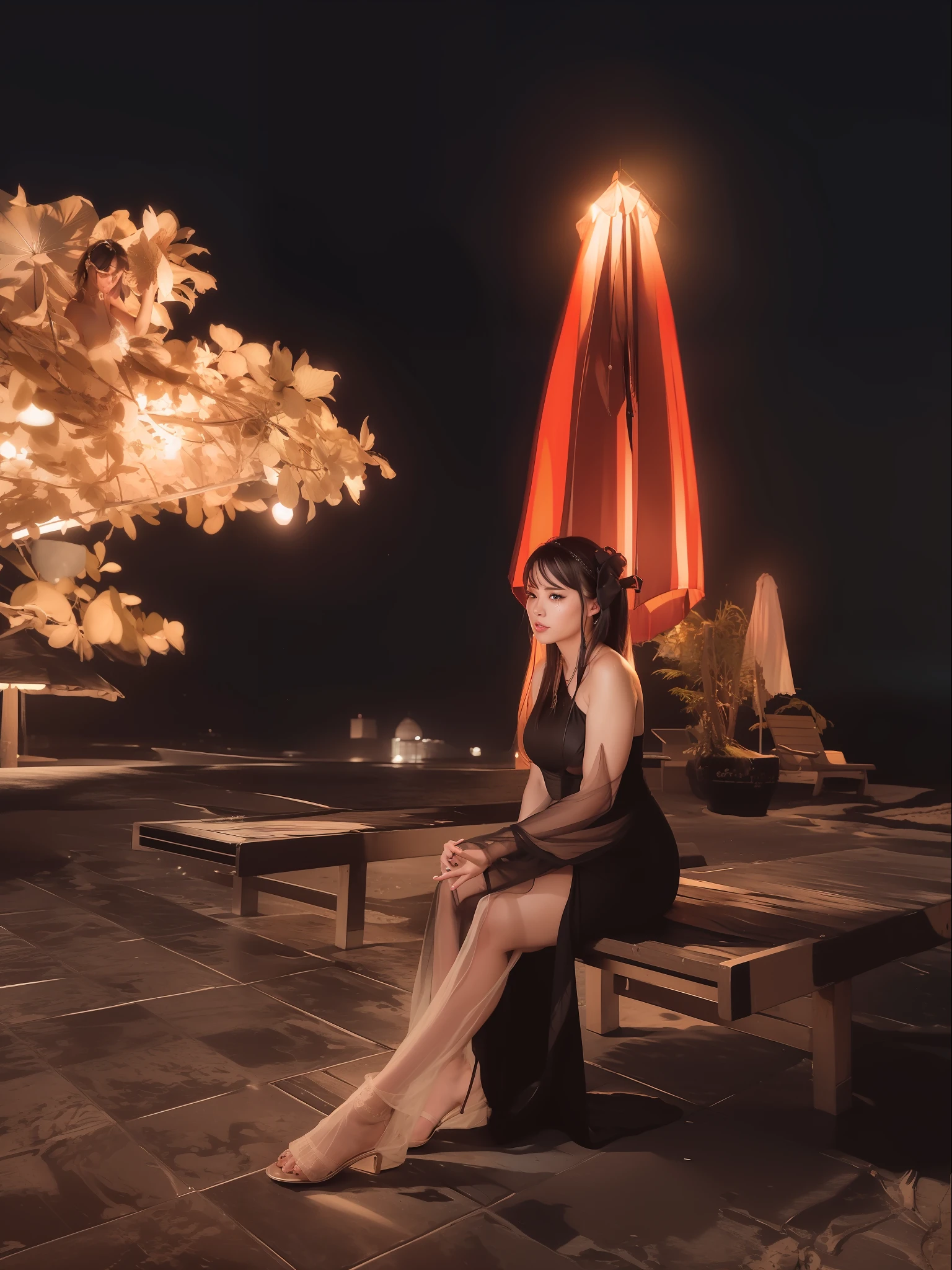 there is a woman sitting on a bench under an umbrella, sitting on the beach at night, sexy body with large breasts, wearing a long gown, sexy pose with sexy look, ultra detailed realistic face, realistic, black color hair, photorealistic