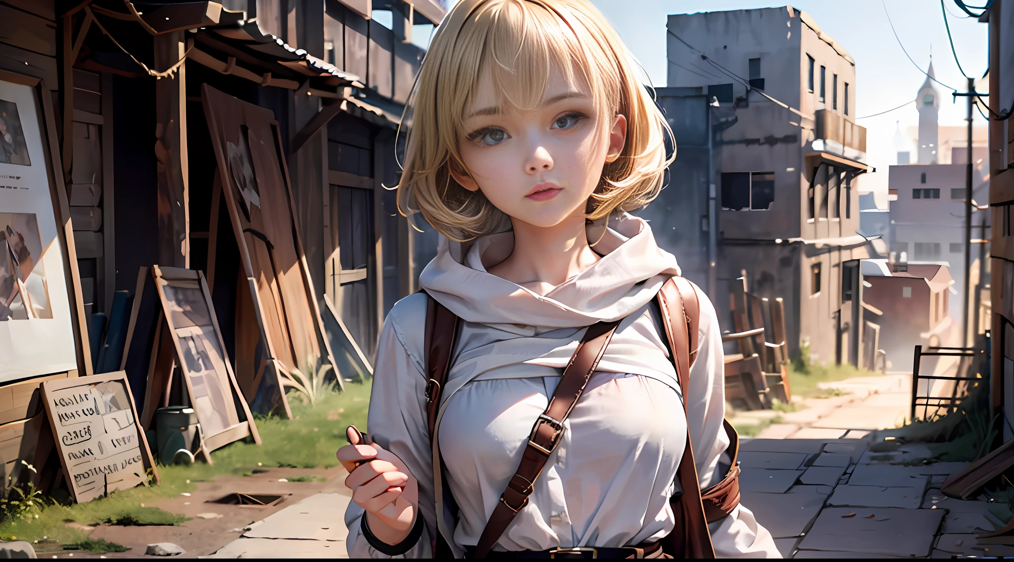 (1girl:1.3), solo, __body-parts__, official art, unified 8k wallpaper, super detailed, beautiful and aesthetic, beautiful, masterpiece, best quality, raw, masterpiece, super fine photo, best quality, super high resolution, photorealistic realism, sunlight, full body portrait, short curly hair, blonde hair, perfect anatomy, beautiful face, dynamic pose, delicate face, vibrant eyes, (seen from the front), a girl, The raw picture is small and delicate, and the thin appearance can clearly see that the usual food is not very good, and it looks much thinner than children of the same age. Has a gray hair, although usually covered by a hood, but it is not messy to look at, with a pair of black eyes, every time I look at her, she is expressionless, giving people a look of not caring about anything, but the eyes reveal interest in everything in the world. Often wears a rough but delicate looking cloth, European medieval cloth, that is a white collar half white half light red up and down a shirt, light red long skirt tied around the waist is covered by the shirt tail with two obviously damaged belts, with large and small test tubes tied to the belt, a trench coat with a lot of holes with a hood worn outside, rarely see her take her appearance out of the hood, the clothes have a lot of her own embroidered patterns, recording that she has been, Something new to learn. She also has a small cross-body bag, and there are also a lot of test tubes tied to the bag. She looks like this wherever she goes, wearing a hood and carrying a bag, expressionless in her gaze, epic color scheme, very detailed abandoned warehouse background, detailed face, detailed complex busy background, messy, gorgeous, milky white, highly detailed skin, realistic skin details, visible pores, sharp focus, volumetric fog, 8K UHD, DSLR, high quality, film grain, fair skin, photorealism, lomography, In medieval Europe, the great city-states, seen from below, were translucent