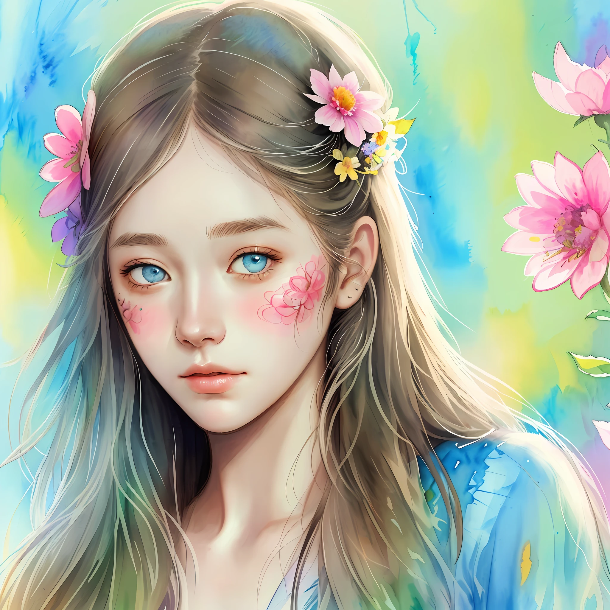 show full head extremely detailed portrait with flowers in her hair in a rough sketch coloured with watercolor, extremely detailed eyes, beautiful eyes, completely centered image, blank space surrounding drawing, focus on face lines, dripping watercolor, ink contours, art by carne griffiths mixed with alfonse mucha, 32k resolution, best quality possible, doll-like