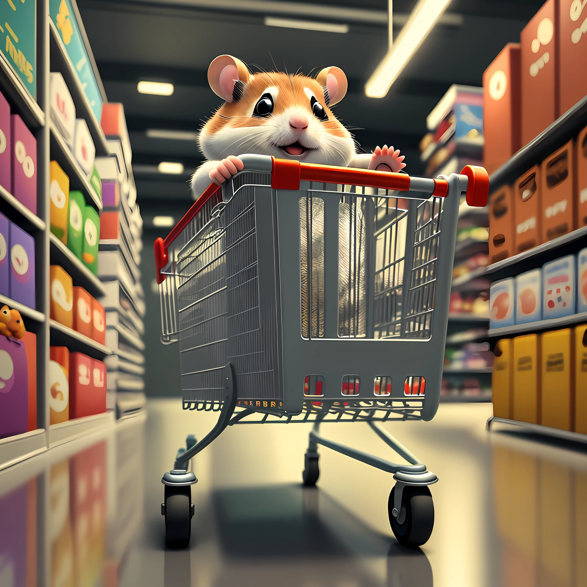 Pixar style, 3D, a hamster sitting on a shopping cart, a hamster pushing a shopping cart, anthropomorphic, dramatic lighting