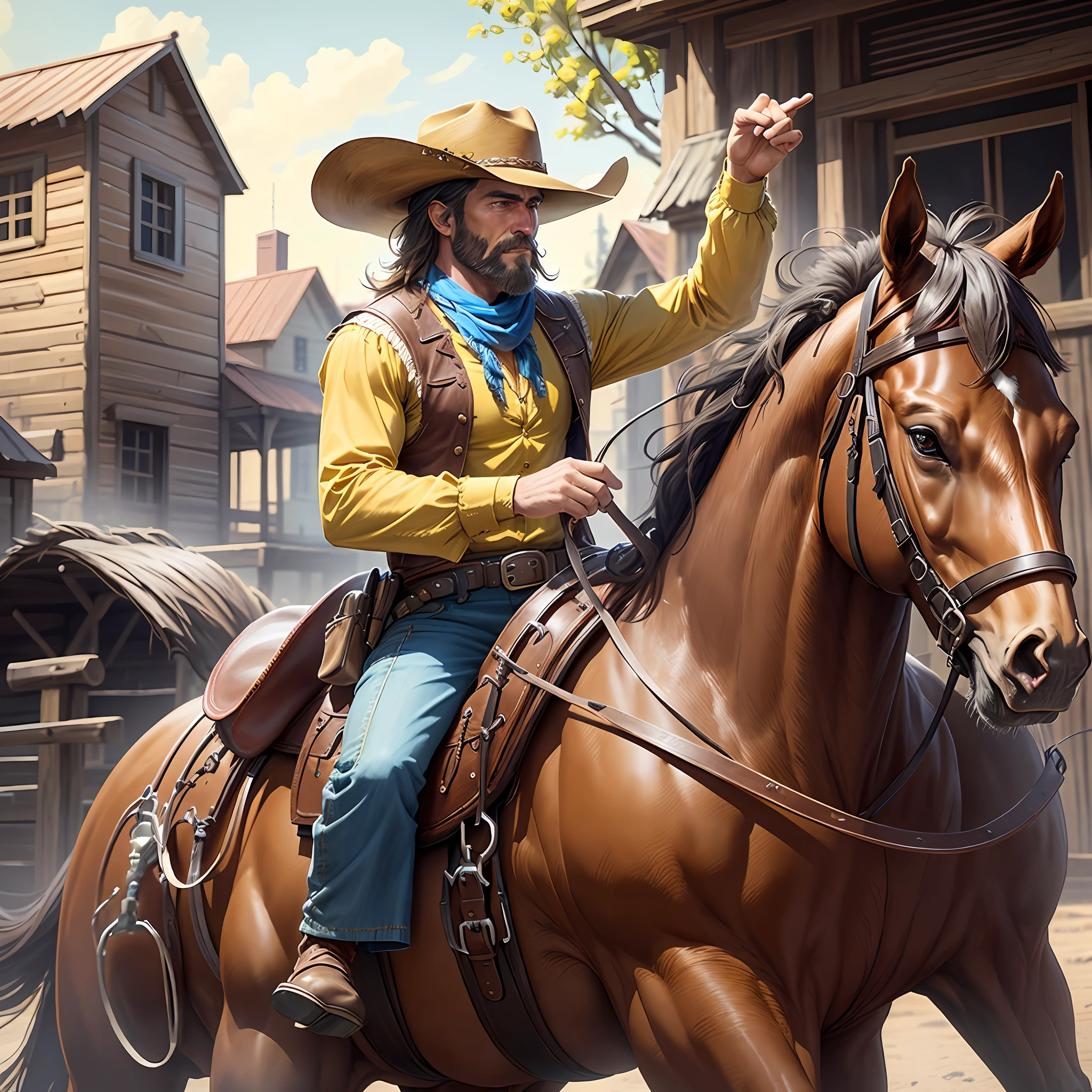 Realistic 8K quality. A setting in the Old West with a beardless cowboy, dressed in a yellow shirt and blue pants, wearing a brown hat, mounted on his horse in front of a saloon.