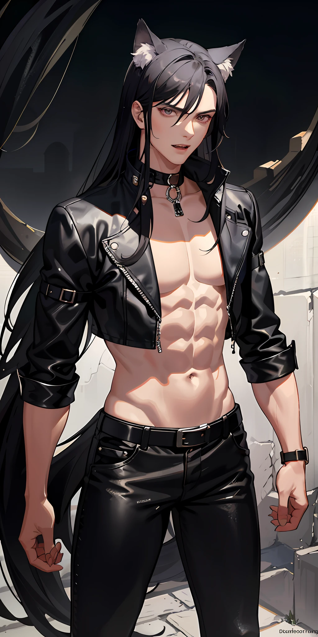 (absurdres, highres, ultra detailed), 1 male, adult, handsome, tall muscular guy, broad shoulders, finely detailed eyes and detailed face, black very long hair, gray eyes, handsome, fantasy, gothic, wolf ears, wolf tail, Sunlight, Fantastic light and shadow, Scenery, portrait, vampire fangs, open mouth, sexy, attractive, full body, tongle, no clothes, no shirt,, Dog Collar, bangs, cute face, black leather pants, no shirt