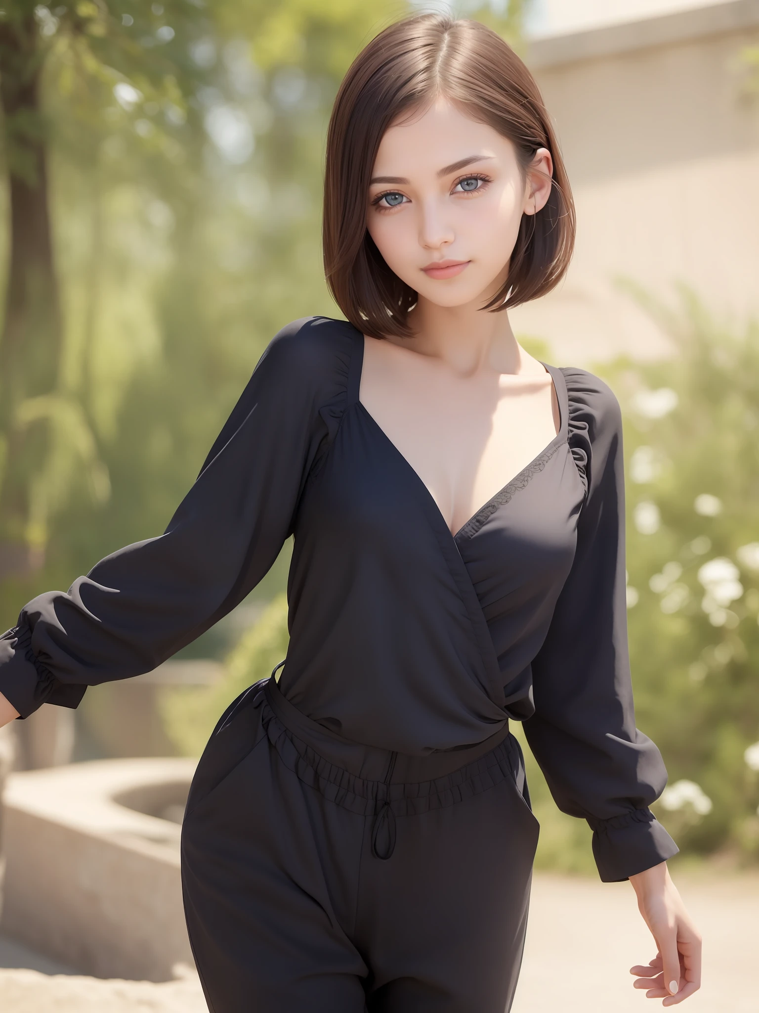 (RAW photo:1.2), (photorealistic:1.6),(masterpiece:1.3),(best quality:1.4), dreamlike,
((detailed eyes)),(detailed facial features), (detailed clothes features), (realistic skin),
(slender girl),(slim girl), 1girl,solo, VirtualGirl-Aim, (straight hair, (short hair), black hair),black hair
(beautiful eyes),A charming smile,small breasts, outdoors,(jumpsuit:1.4),(real skin texture),
symmetric eyes,cute, dynamic pose,(realistic eyes:1.4), sweet smile,
(looking at camera:1.5),