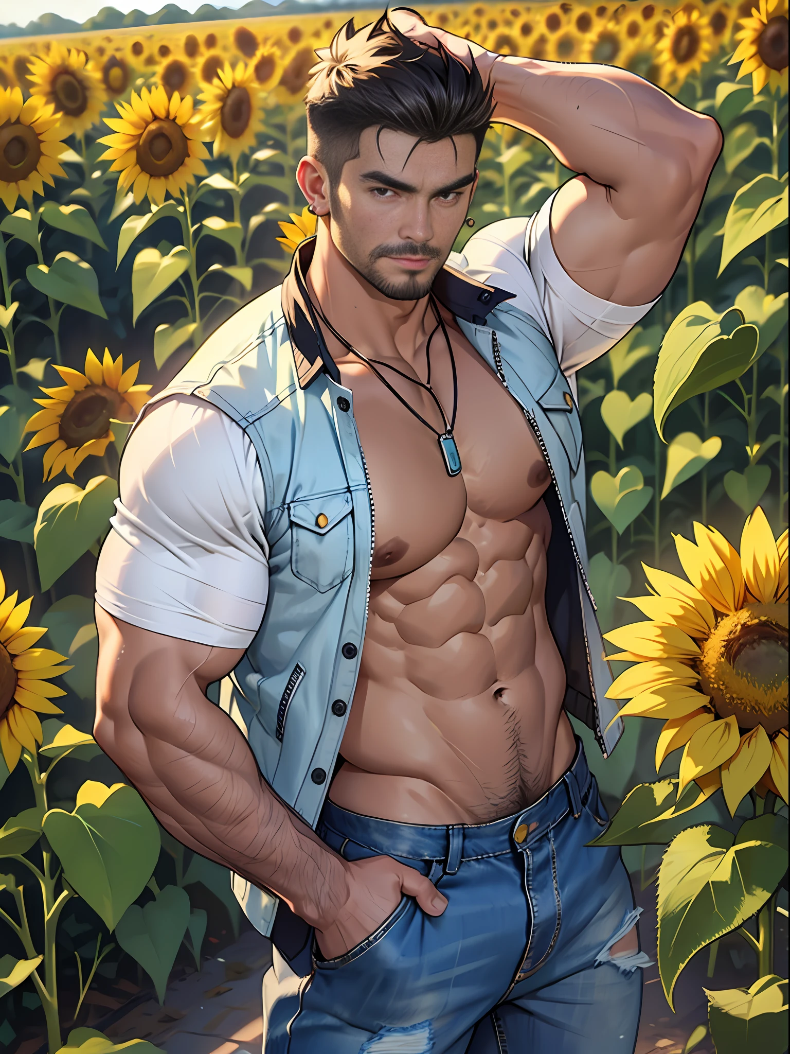 30 years old, big eyes, Chinese male, stubble, white inch, huge muscles, exaggerated muscles, mature man, muscle swelling, bodybuilding, pectoral muscles, abs, in a field of sunflower flowers, plenty of sunflowers, jacket and vest, jeans, sneakers, natural light, metal necklace, wheat-colored skin, 1man, standing, men's stud earrings
