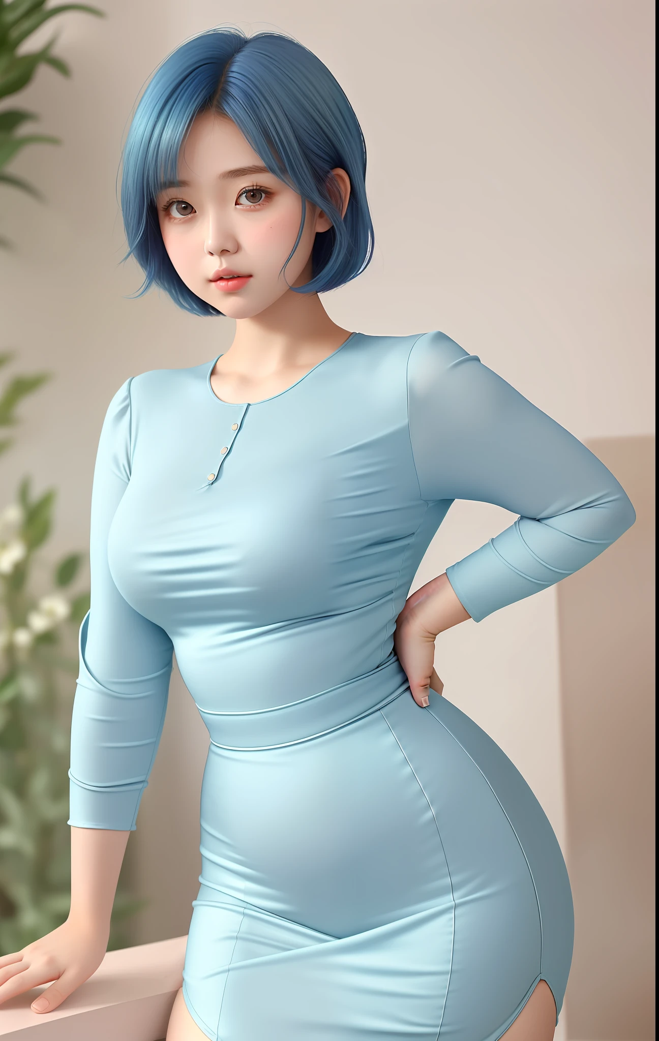a beautiful, ite girl with short blue hair, big round eyes, thick lips, rosy cheeks and thick thighs, a pear shaped body weaing fantasy style clothes with a beautiful immersive background