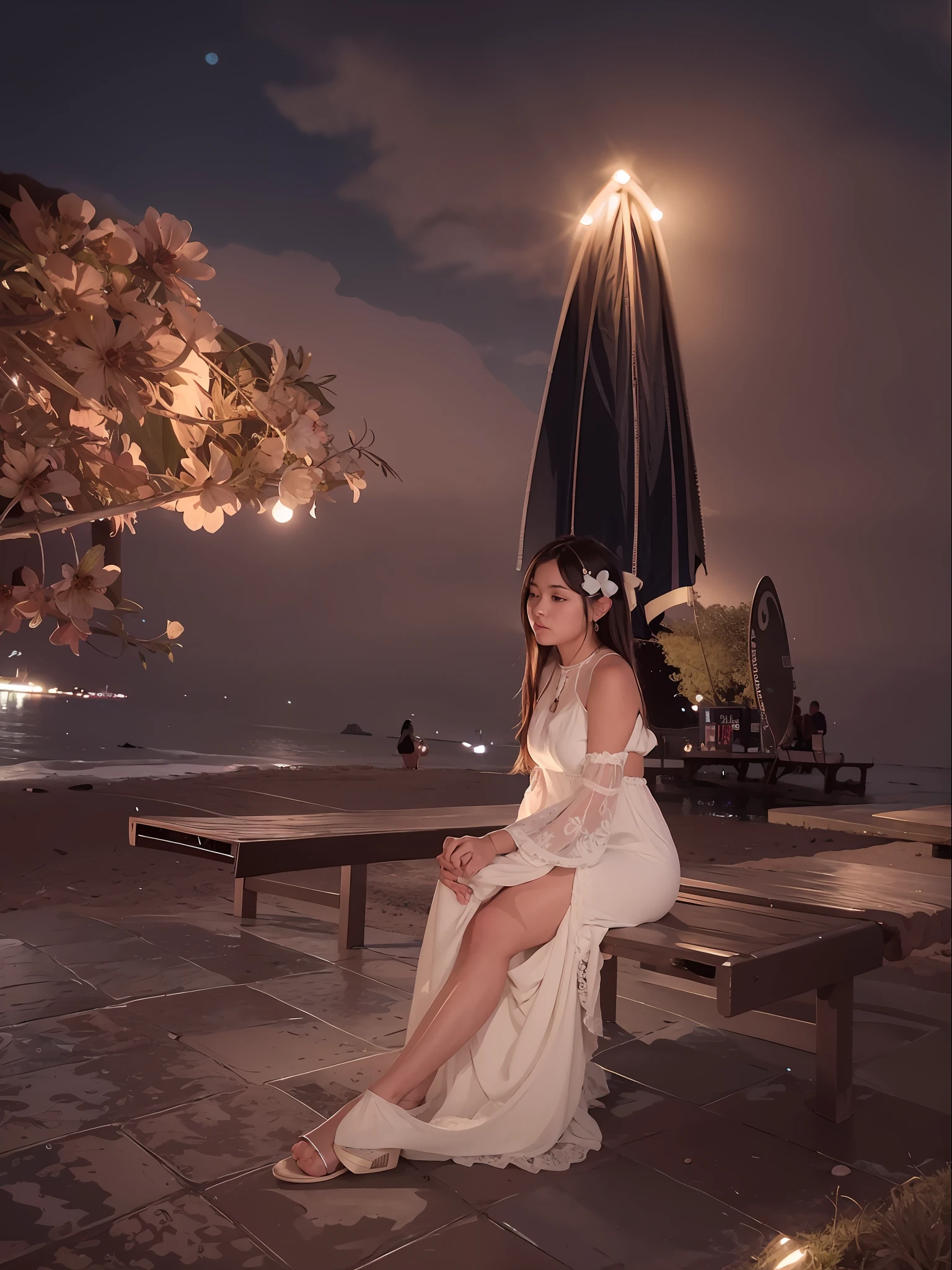 there is a woman sitting on a bench at night by the water, in the evening, shot with canon eoa 6 d mark ii, dreamy atmosphere and drama, taken with canon eos 5 d mark iv, photo taken with nikon d 7 5 0, photo taken with nikon d750, at night, low iso, sitting on the beach at night, during night
