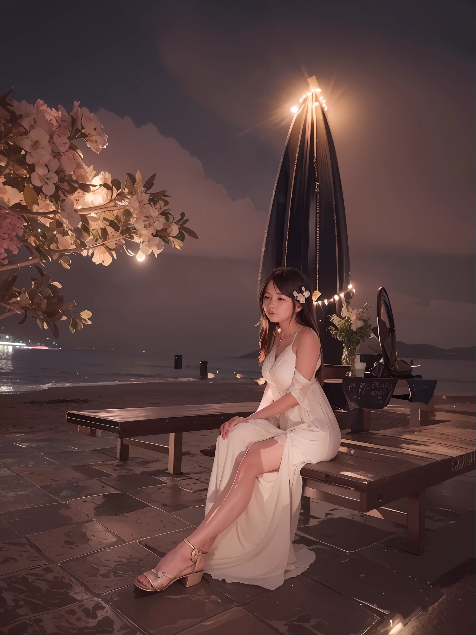 there is a woman sitting on a bench at night by the water, in the evening, shot with canon eoa 6 d mark ii, dreamy atmosphere and drama, taken with canon eos 5 d mark iv, photo taken with nikon d 7 5 0, photo taken with nikon d750, at night, low iso, sitting on the beach at night, during night
