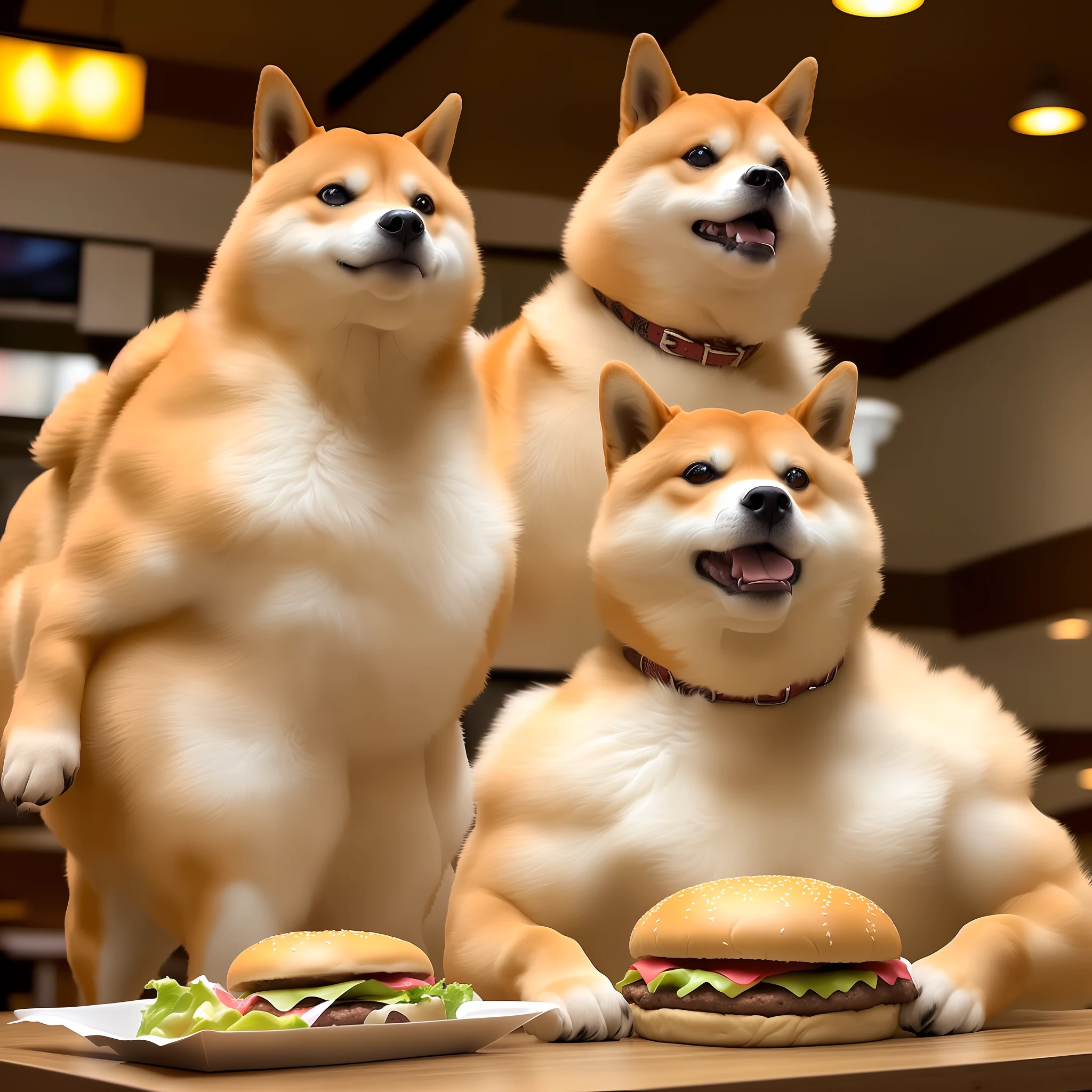 a professional photo of [(((buff Swoledoge))):buff Swoledoge:8], grinning, dog body, eating a large burger in a restaurant, cinematic dramatic light, smooth transition, bokeh
