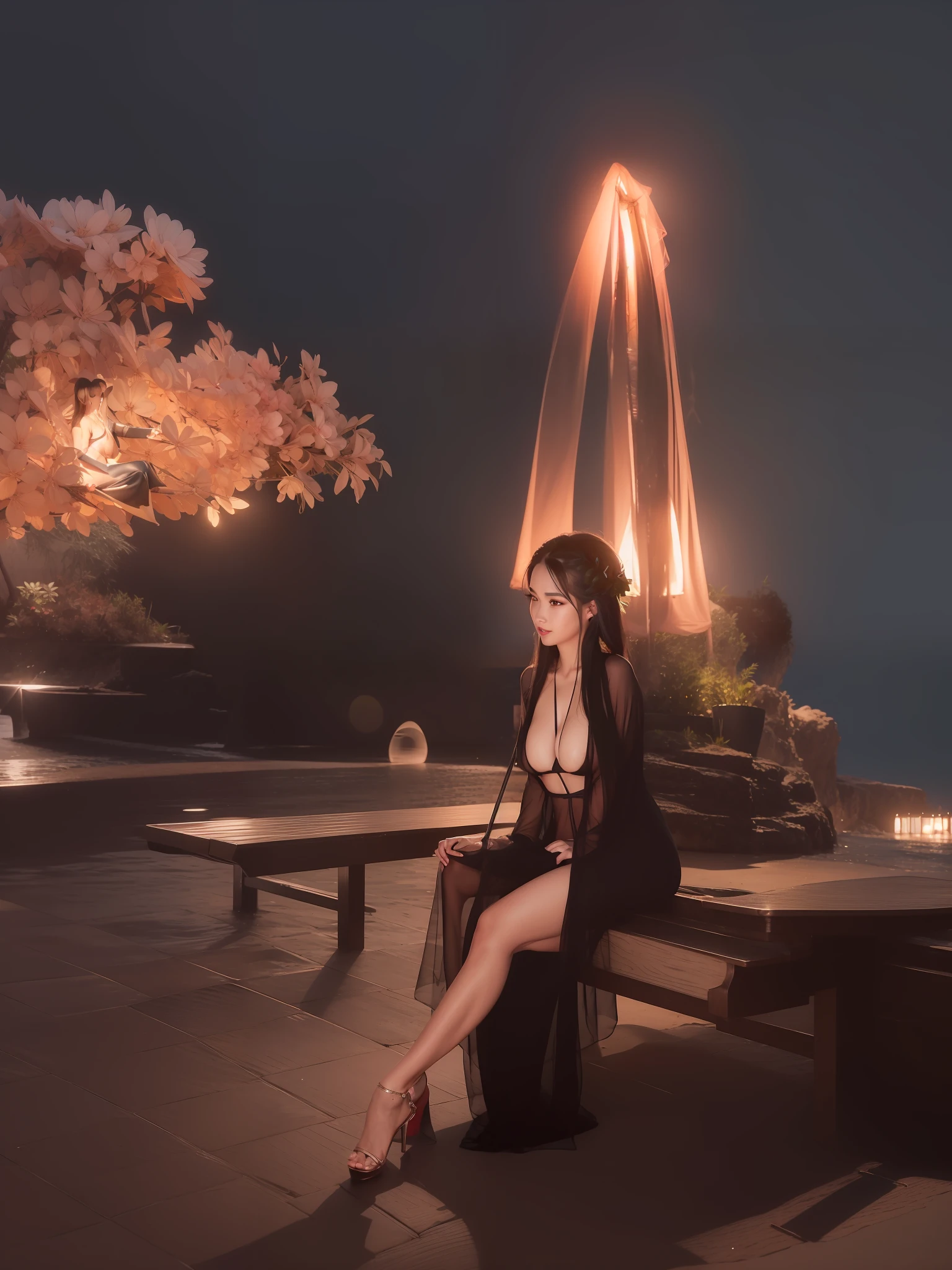 there is a woman sitting on a bench under an umbrella, sitting on the beach at night, sexy body with large breasts, wearing a long black color gown, sexy pose with sexy look, ultra detailed face, black color hair, photorealistic, ultra detailed good hands, ultra detailed good lags, ultra detailed beautiful neck