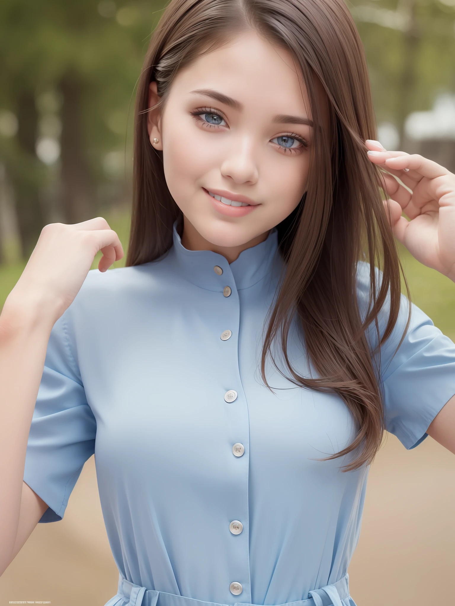 (Original photo: 1.2), (Realistic: 1.6), (Masterpiece: 1.3), (Best quality: 1.4), Dreamy, ((Detailed eyes)), (Detailed facial features), (Detailed clothing features), (Realistic skin), (Slim Girl), (Slim Girl), 1 Girl, Solo, Virtual Girl Aiming, (Straight Hair, (Short Hair), Brunette Hair, (Beautiful Eyes), Charming Smile, Medium Size Breasts, Outdoor, (Jumpsuit: 1.4), (Realistic Skin Texture), Symmetrical Eyes, Cute, Dynamic Poses, (Realistic Eyes: 1.4), Sweet Smile, (Look at Camera: 1 .5),