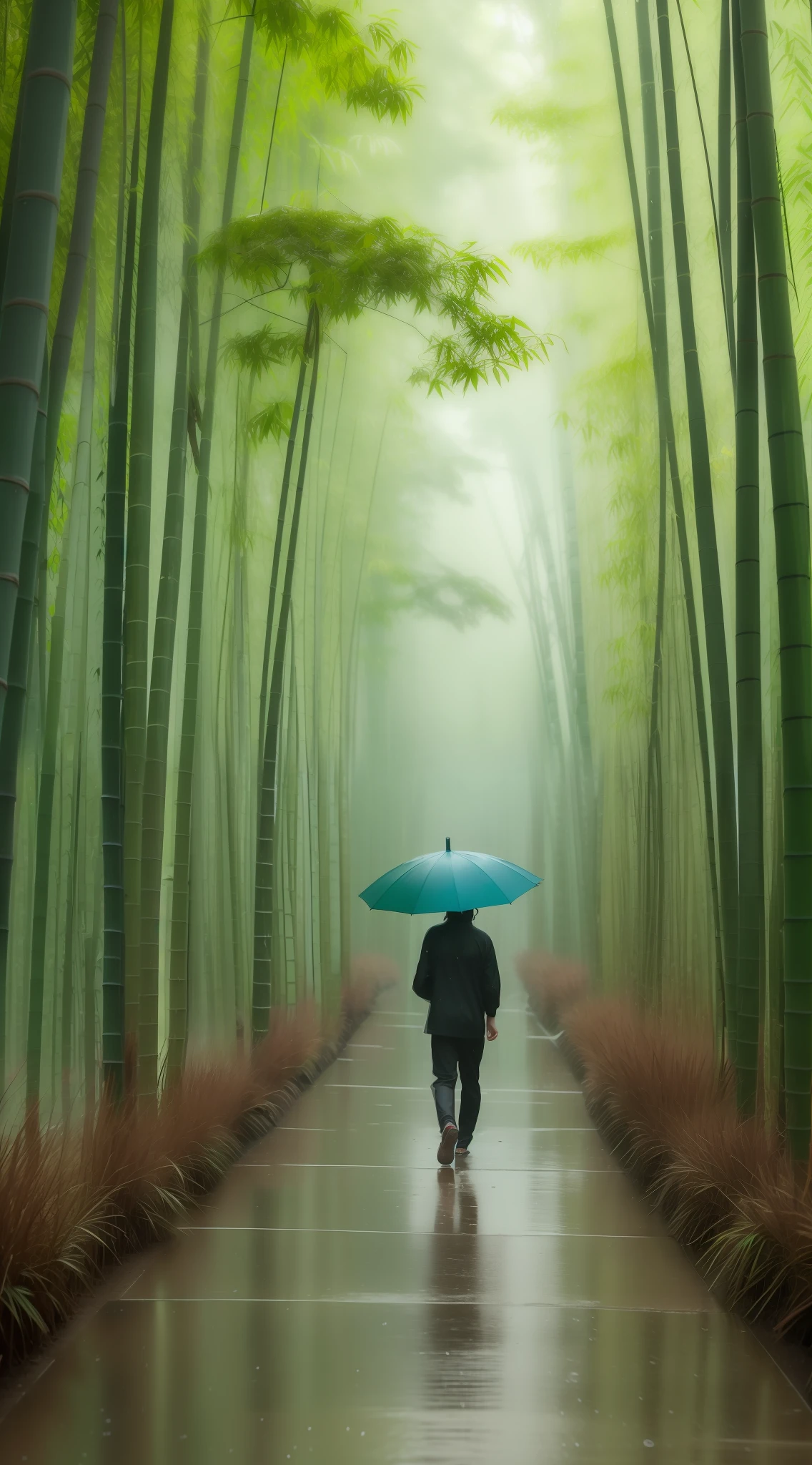 There is a man walking on a path in the rain, in the rain, foggy Japanese bamboo forest, deep in the Japanese bamboo forest, green rain, in the rainy environment, under the big green umbrella, lush Japanese scenery, rain aesthetics, rain gloomy atmosphere, rainy mood, rain and thick slime, rain, rain environment, rain scene