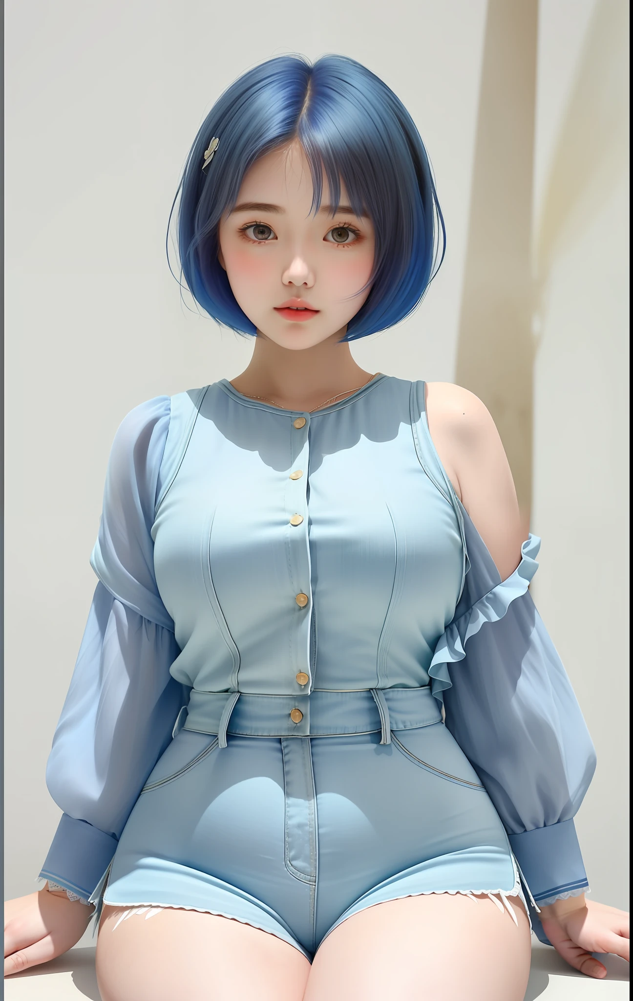 a beautiful, ite girl with short blue hair, big round eyes, thick lips, rosy cheeks and thick thighs, a pear shaped body weaing fantasy style clothes with a beautiful immersive background