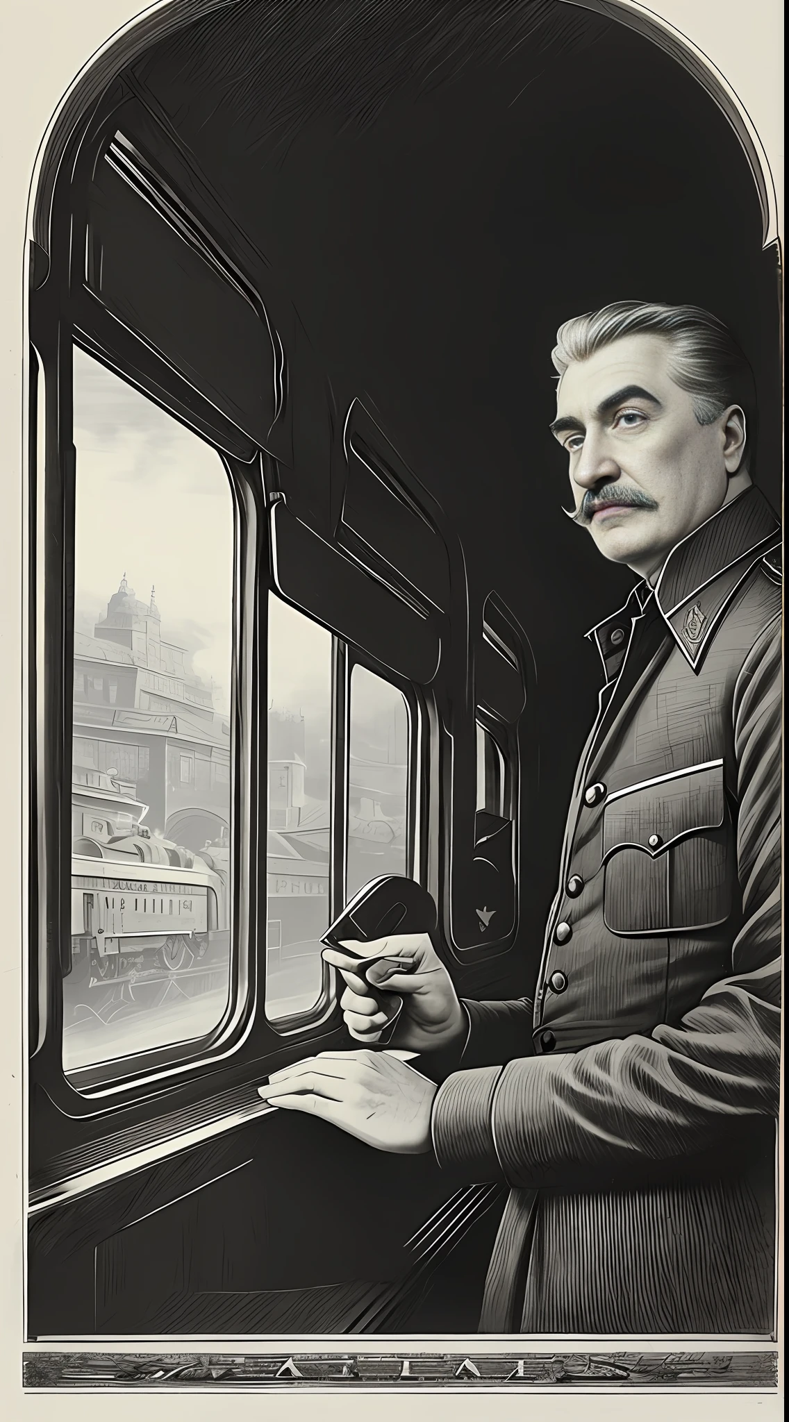image of a vintage train, with Stalin looking out of the window with a relieved expression on his face, vintage train picture, detailed, by Gustave Dore, 18th century drawing, highly detailed, matte painting, concept art, trending on ArtStation