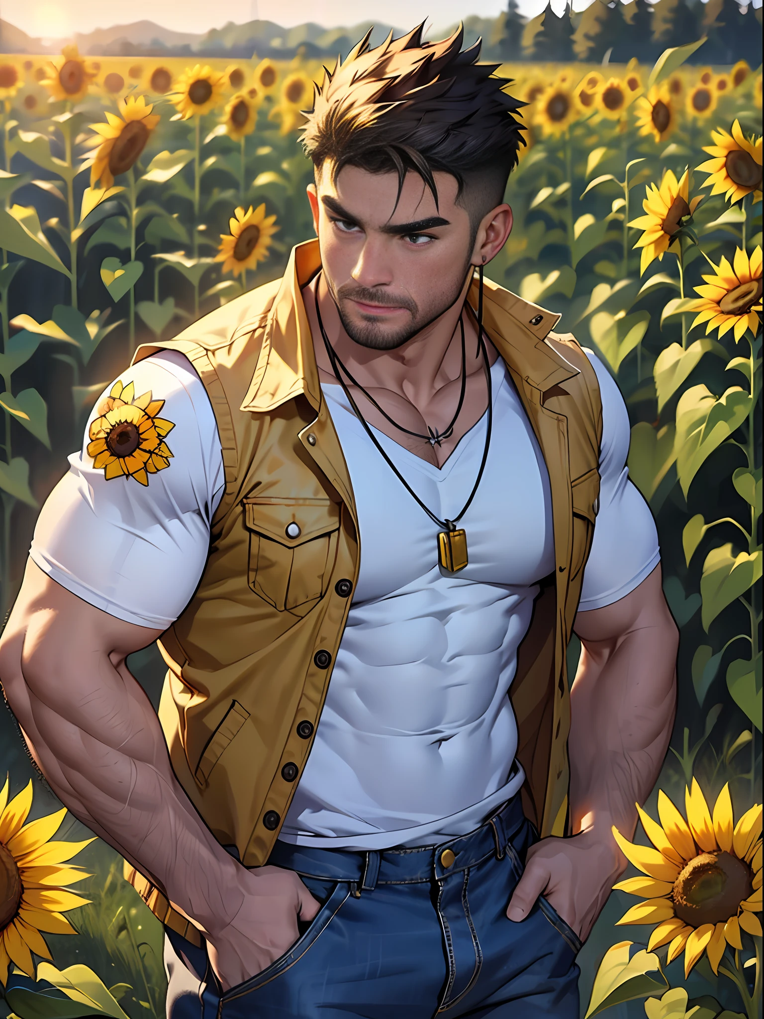 30 years old, big eyes, Chinese male, stubble, white inch, huge muscles, exaggerated muscles, mature man, muscle swelling, bodybuilding, pectoral muscles, abs, in a field of sunflower flowers, lots of sunflowers, jacket and vest, jeans, sneakers, natural light, metal necklace, wheat-colored skin, 1man, standing, men's stud earrings, tattoos